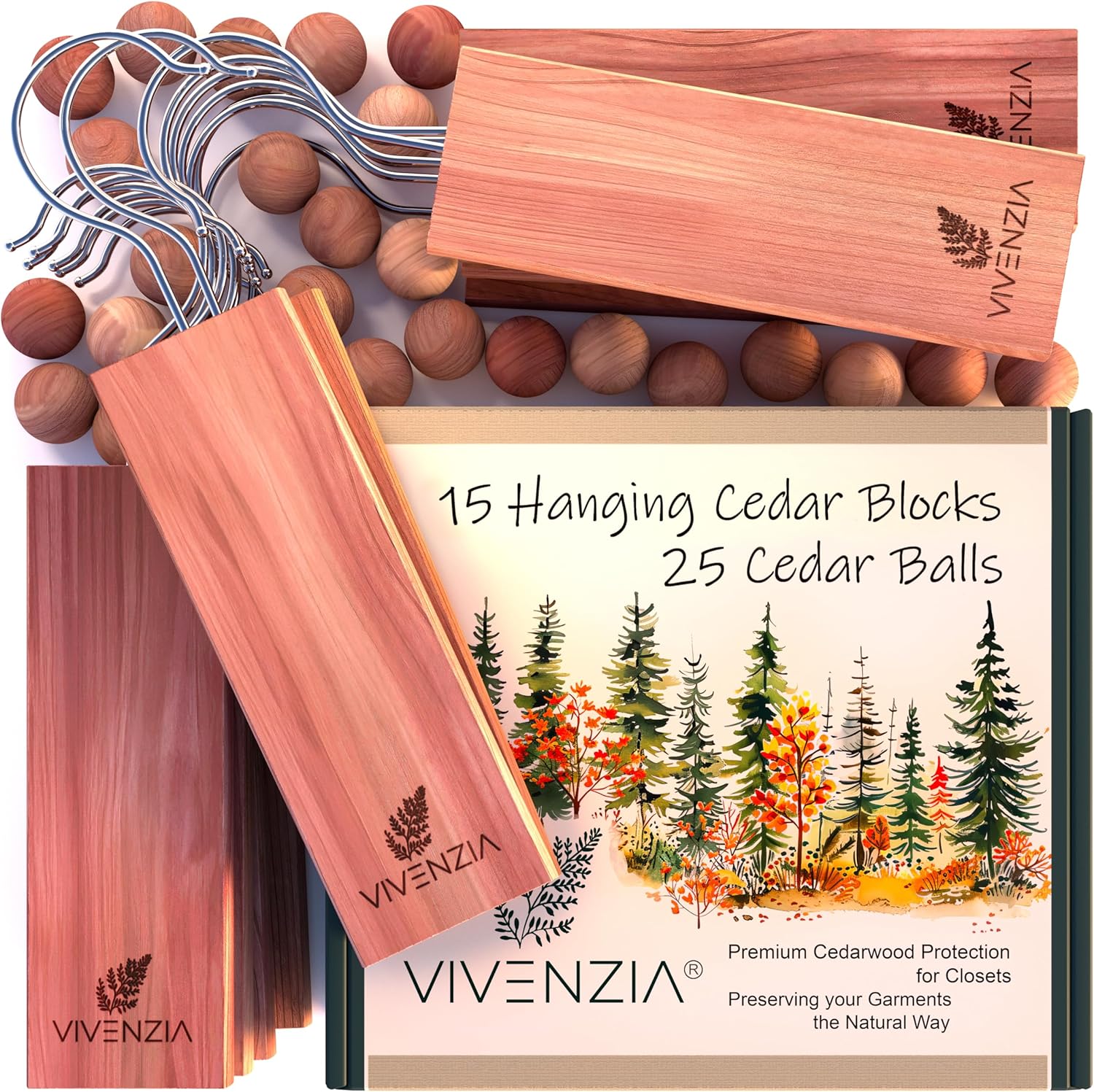 Cedar Blocks for Clothes Storage -40 pcs (15 Hang-ups & 25 Balls)- Cedar Balls for Clothes Storage