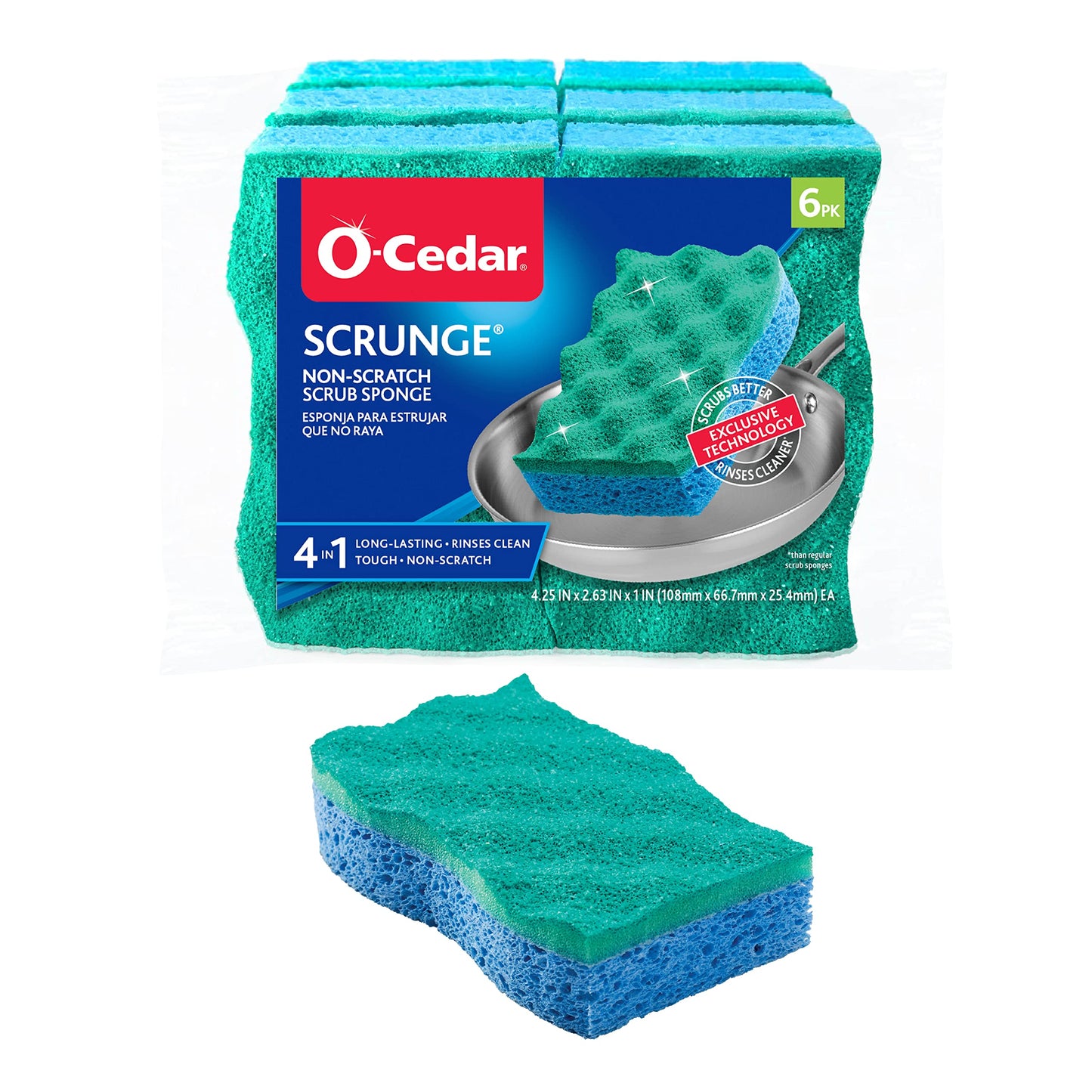 O-Cedar Scrunge Multi-Use Scrub Sponge (Pack of 6) | Non-Scratch, Odor-Resistant, All-Purpose