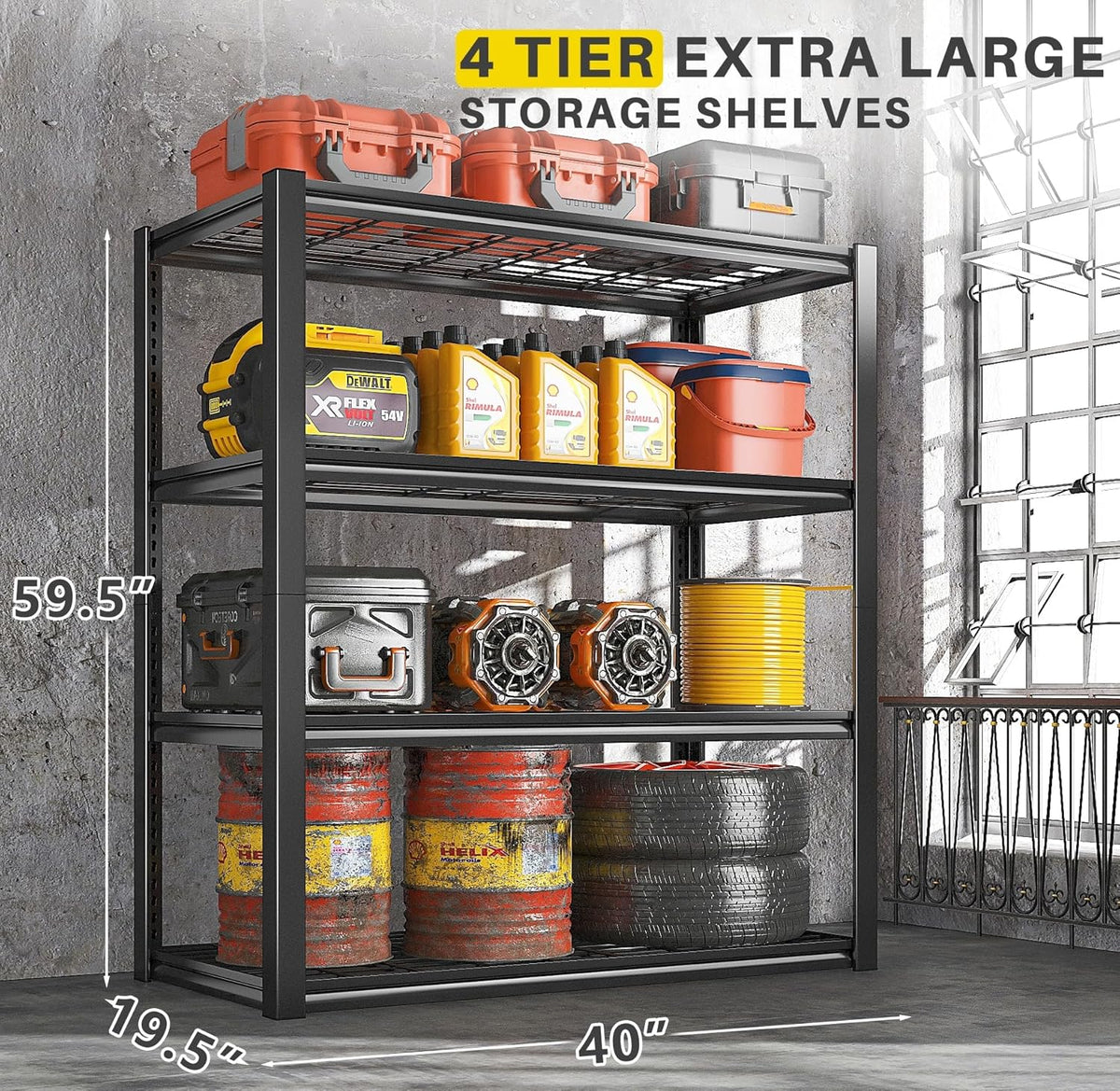 REIBII 40" W Garage Shelving 2240 LBS Storage Shelves Adjustable Heavy Duty Shelving 4 Tier Metal