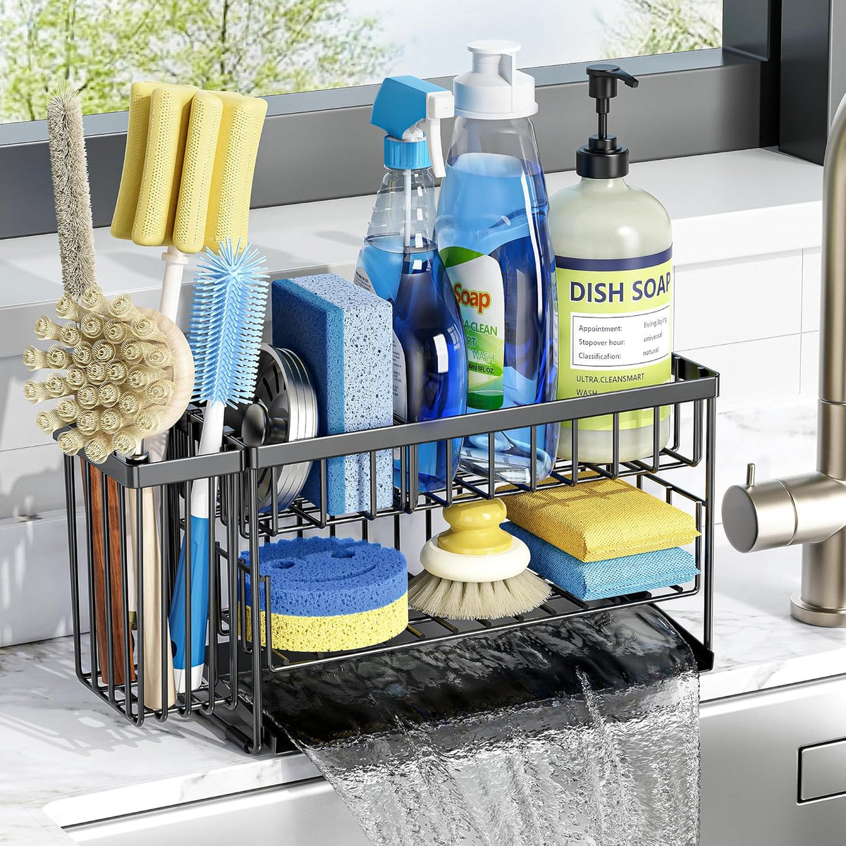 Cisily 2-Tier Kitchen Sink Caddy Organzier Rack with Flexible Dish Brush Holder, Sponge Holder for