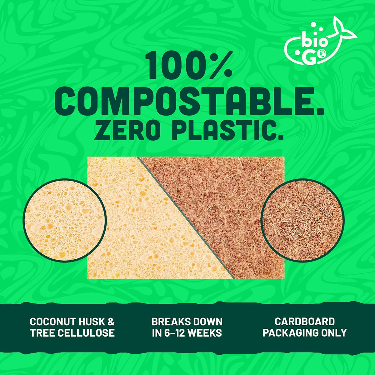 bioGo 12 Pack Biodegradable Kitchen Sponges - Eco-Friendly, Compostable, Natural Cellulose Dish