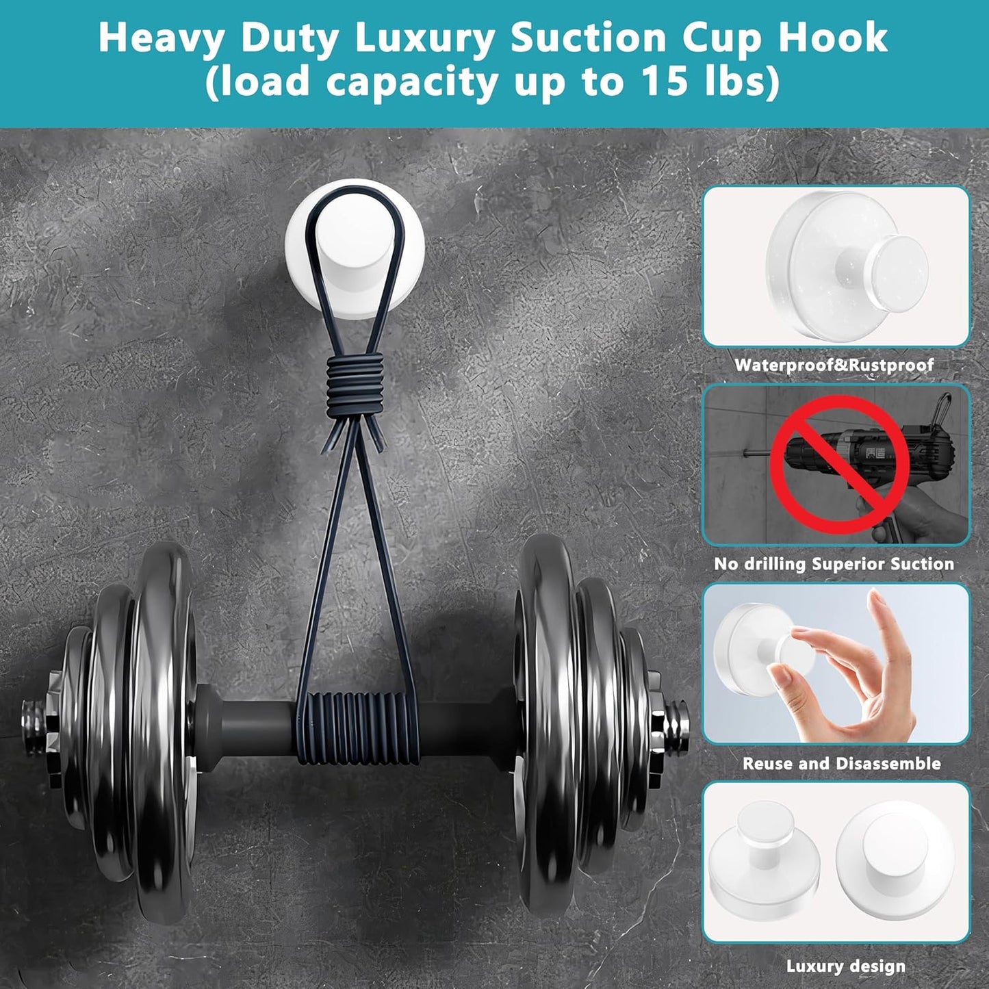 Suction Cup Hooks for Shower,Removable No Drill Towel Hooks,Upgraded 15 lbs Strong Suction hooks