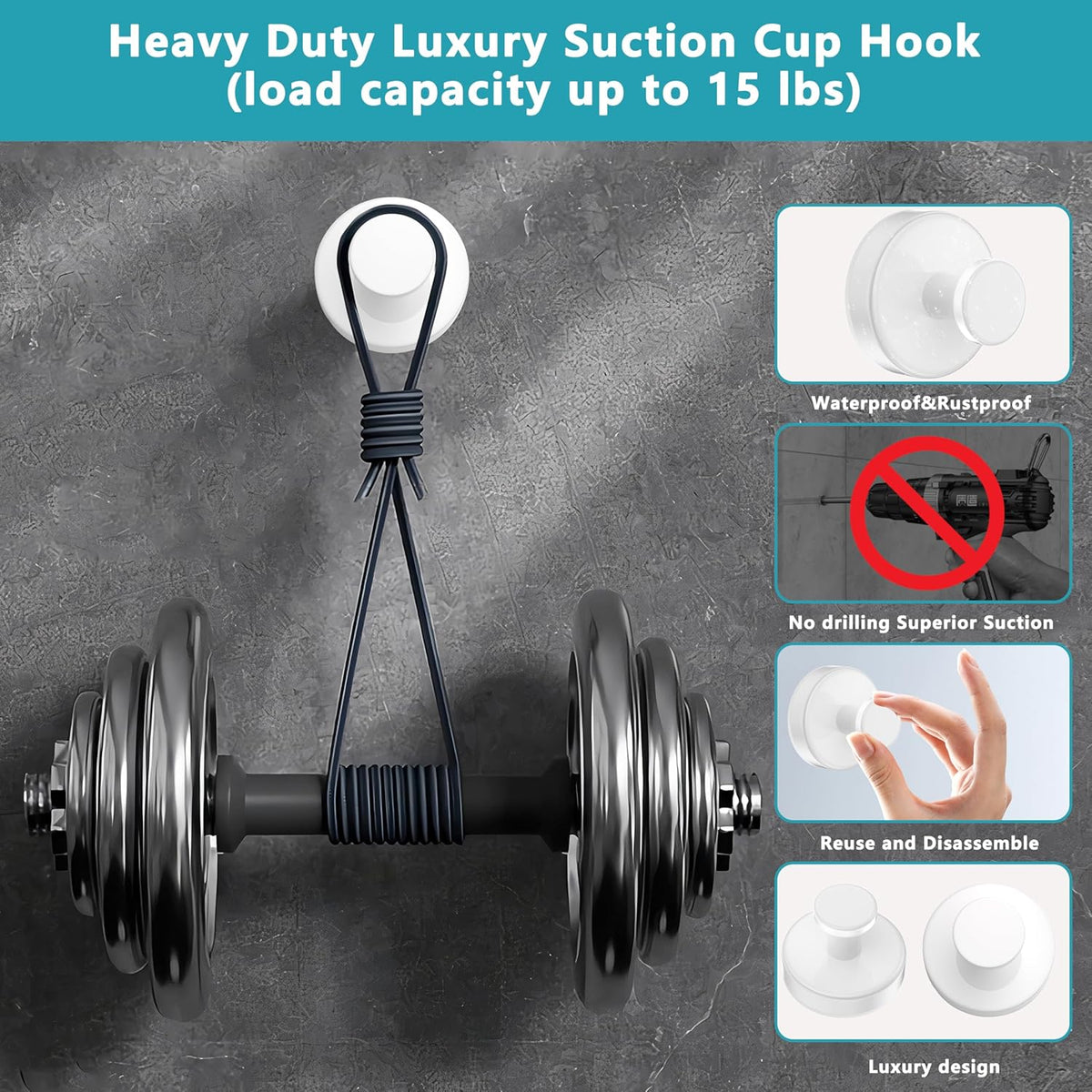 Suction Cup Hooks for Shower,Removable No Drill Towel Hooks,Upgraded 15 lbs Strong Suction hooks