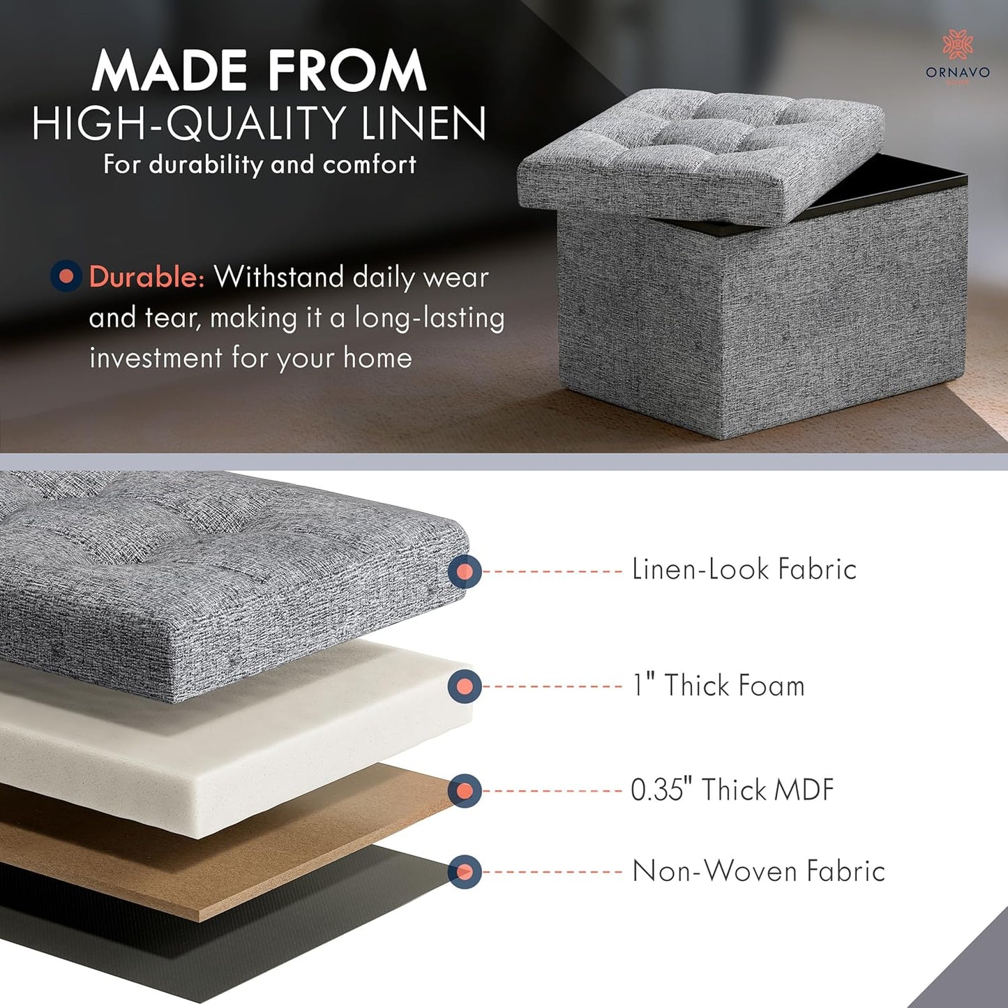 Ornavo Home Small Storage Ottoman, Set of 2, Foldable Collapsible Rectangle Linen Ottoman Foot Rest