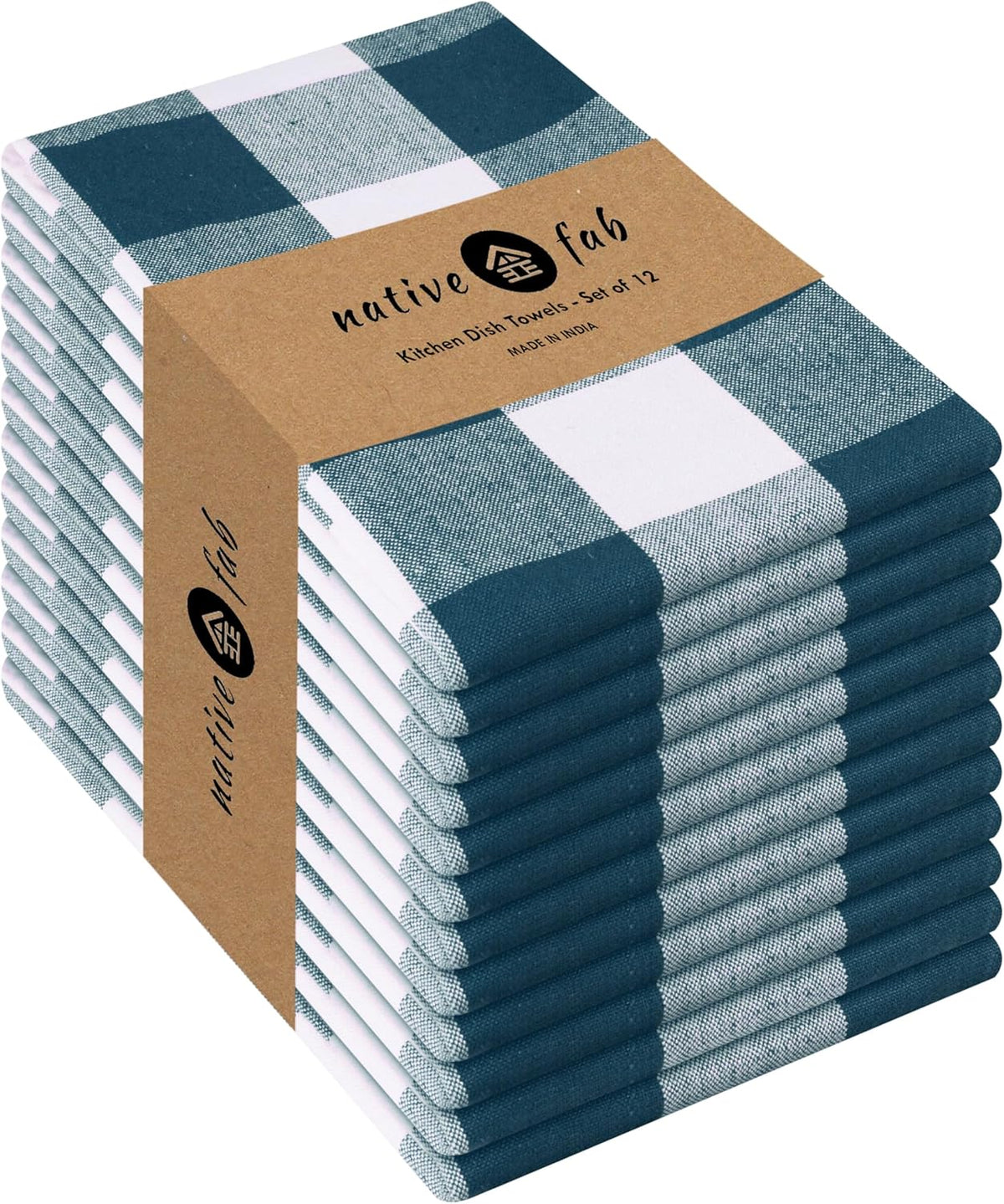 Native Fab 12-Pack Kitchen Towel with Hanging Loop 16x26 inches, Cotton Buffalo Check Kitchen