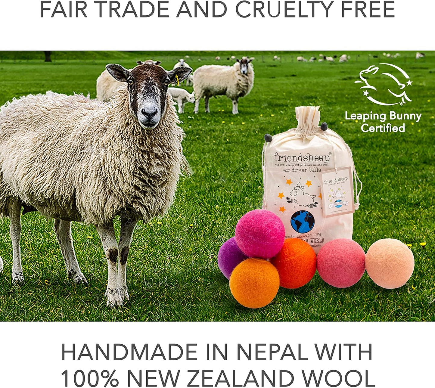Friendsheep Wool Dryer Balls 6 Pack XL Organic Premium Reusable Cruelty Free Handmade Fair Trade No