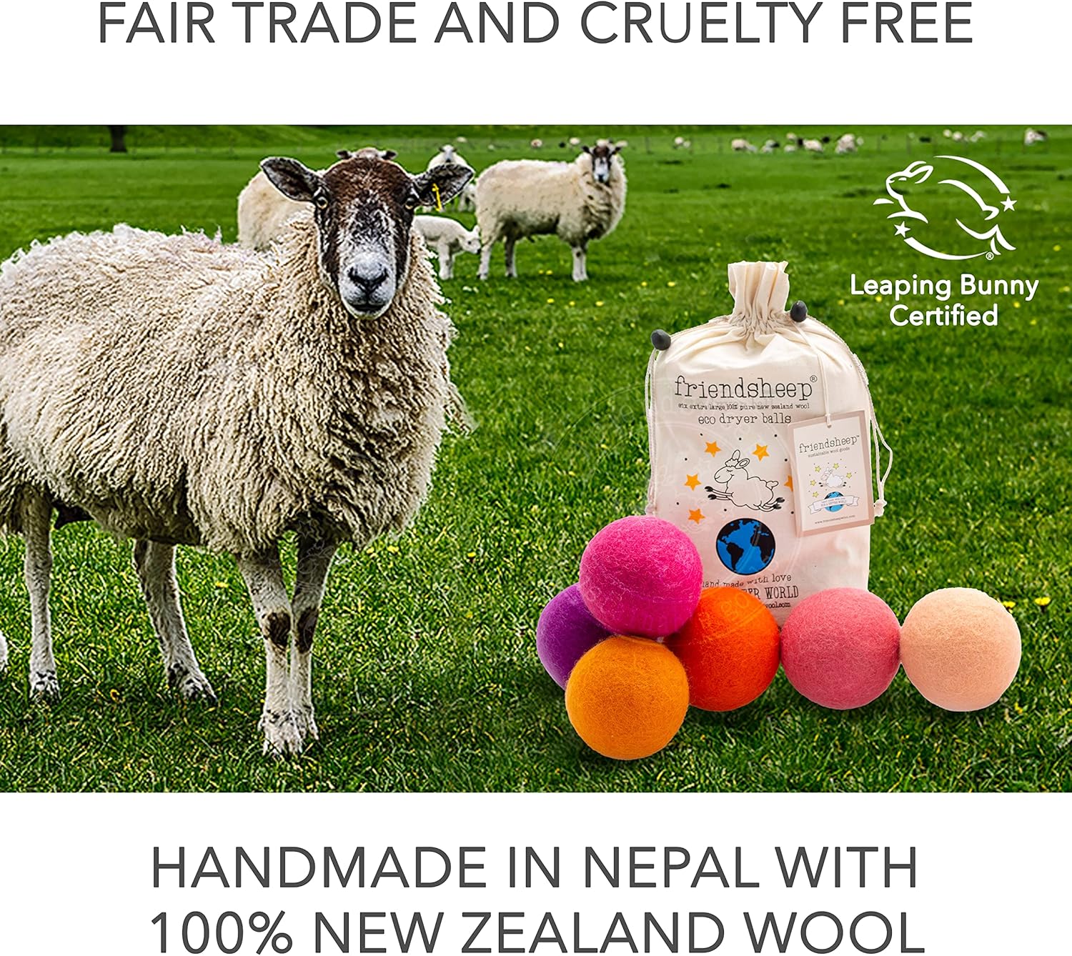 Friendsheep Wool Dryer Balls 6 Pack XL Organic Premium Reusable Cruelty Free Handmade Fair Trade No