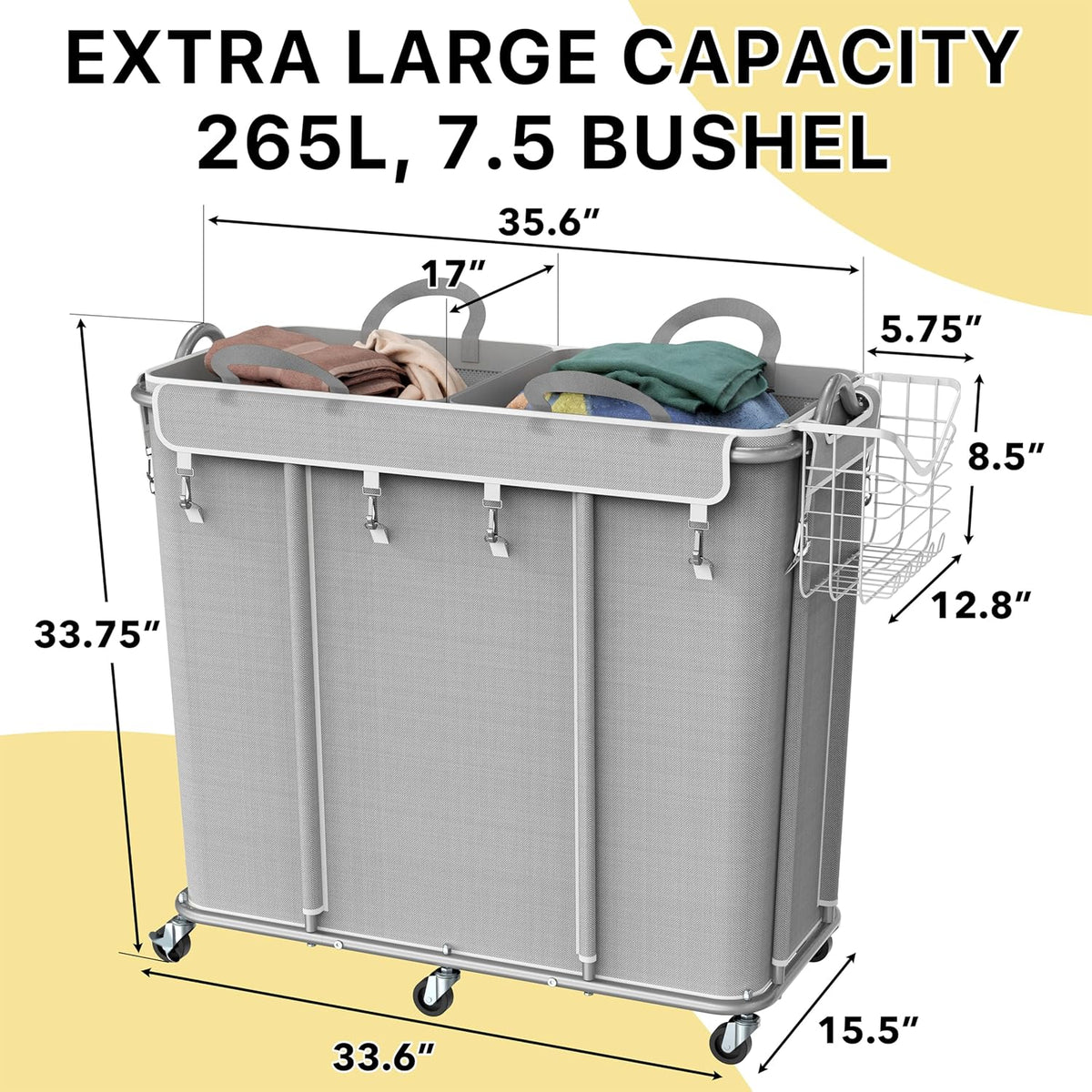 Simple Houseware Extra Large Rolling Laundry Cart – Heavy Duty Hamper with 2 Removable Bags & 6