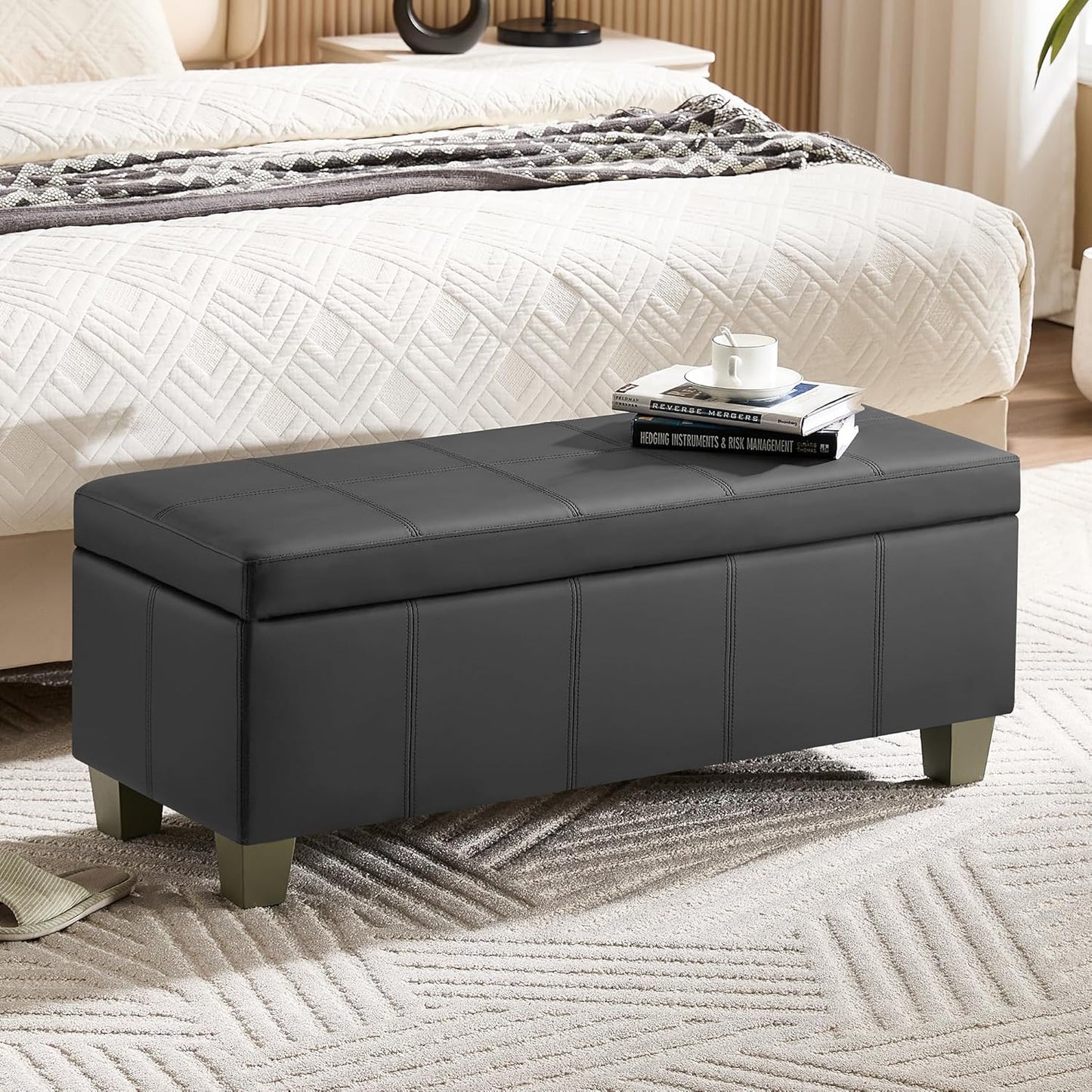 41" Faux Leather Storage Ottoman, Stitch Tufted Rectangle Upholstered End of Bed Storage Bench