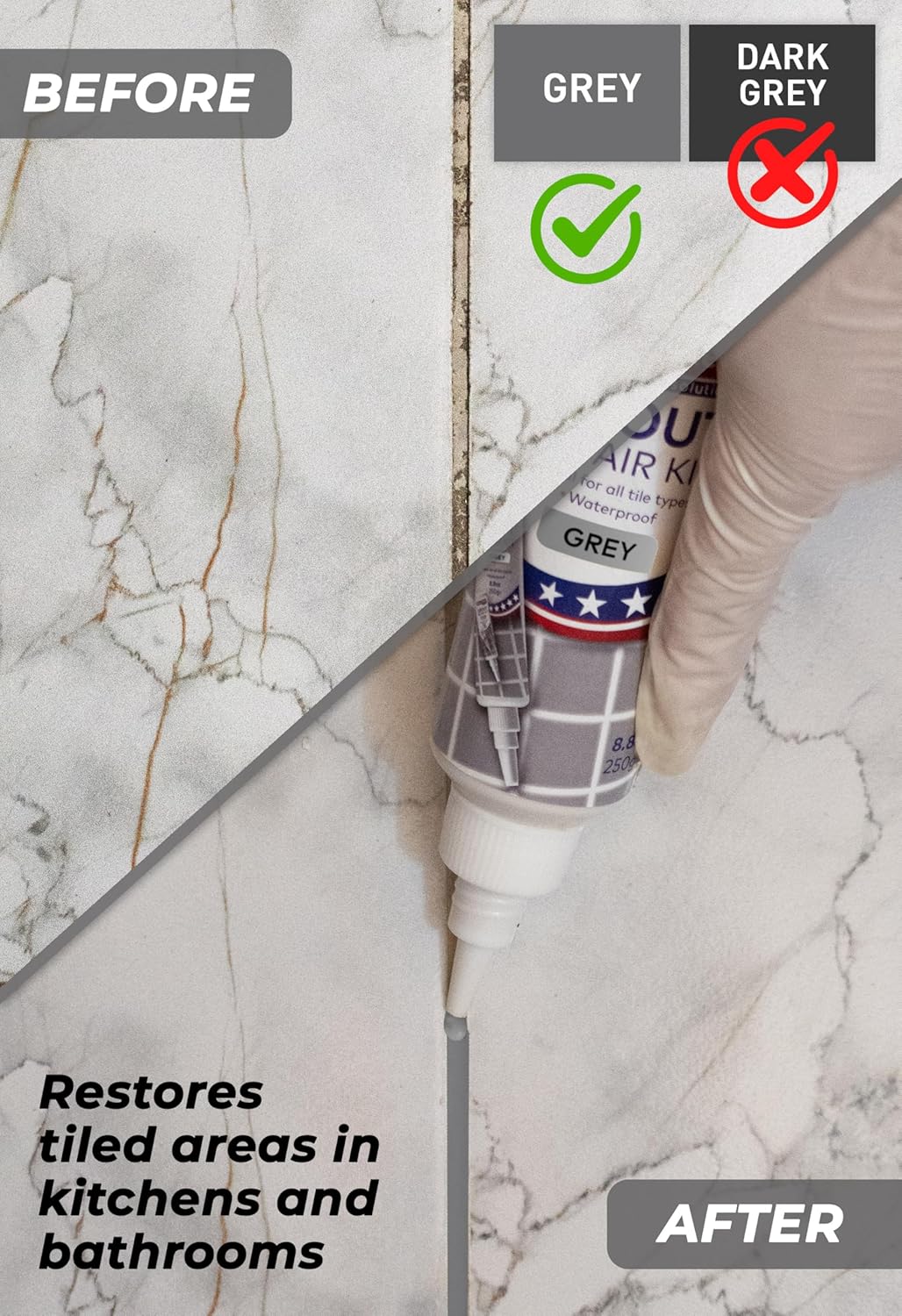 Tile Grout Repair, Grey 8.8 oz/250gr. Fast Drying Grout Repair Kit, Grout Filler Tube Repair Kit