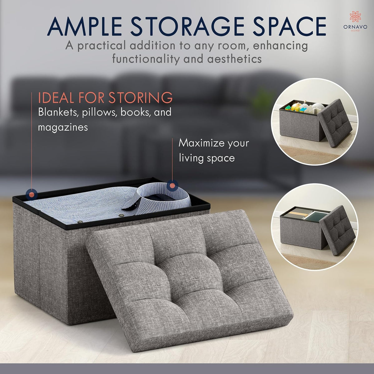 Ornavo Home Small Storage Ottoman Foldable Collapsible Rectangle Linen Ottoman Foot Rest Stool