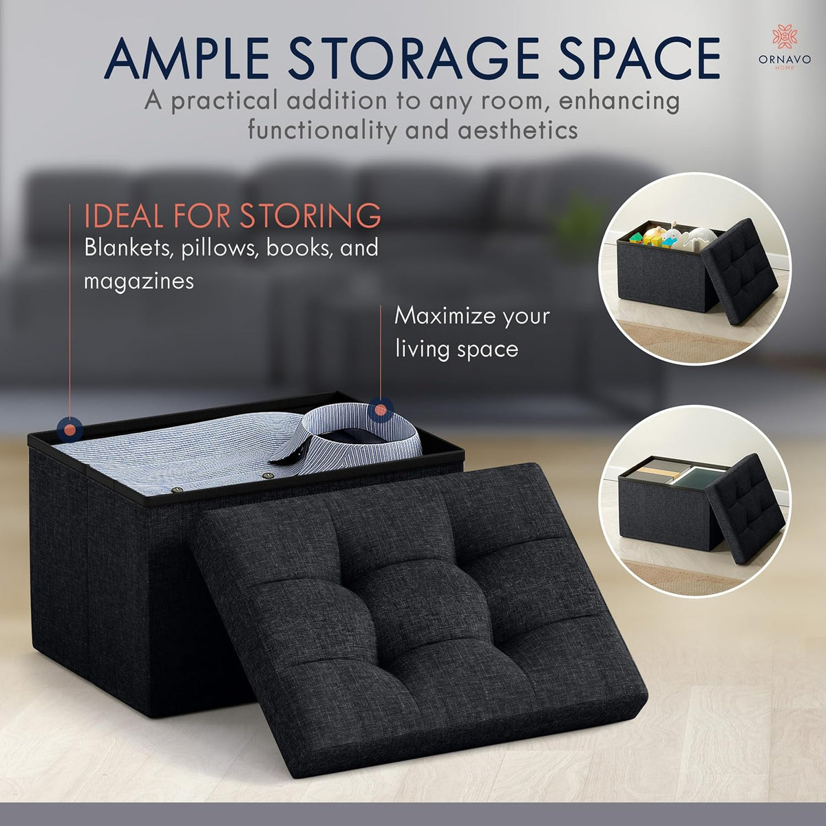 Ornavo Home Small Storage Ottoman Foldable Collapsible Rectangle Linen Ottoman Foot Rest Stool