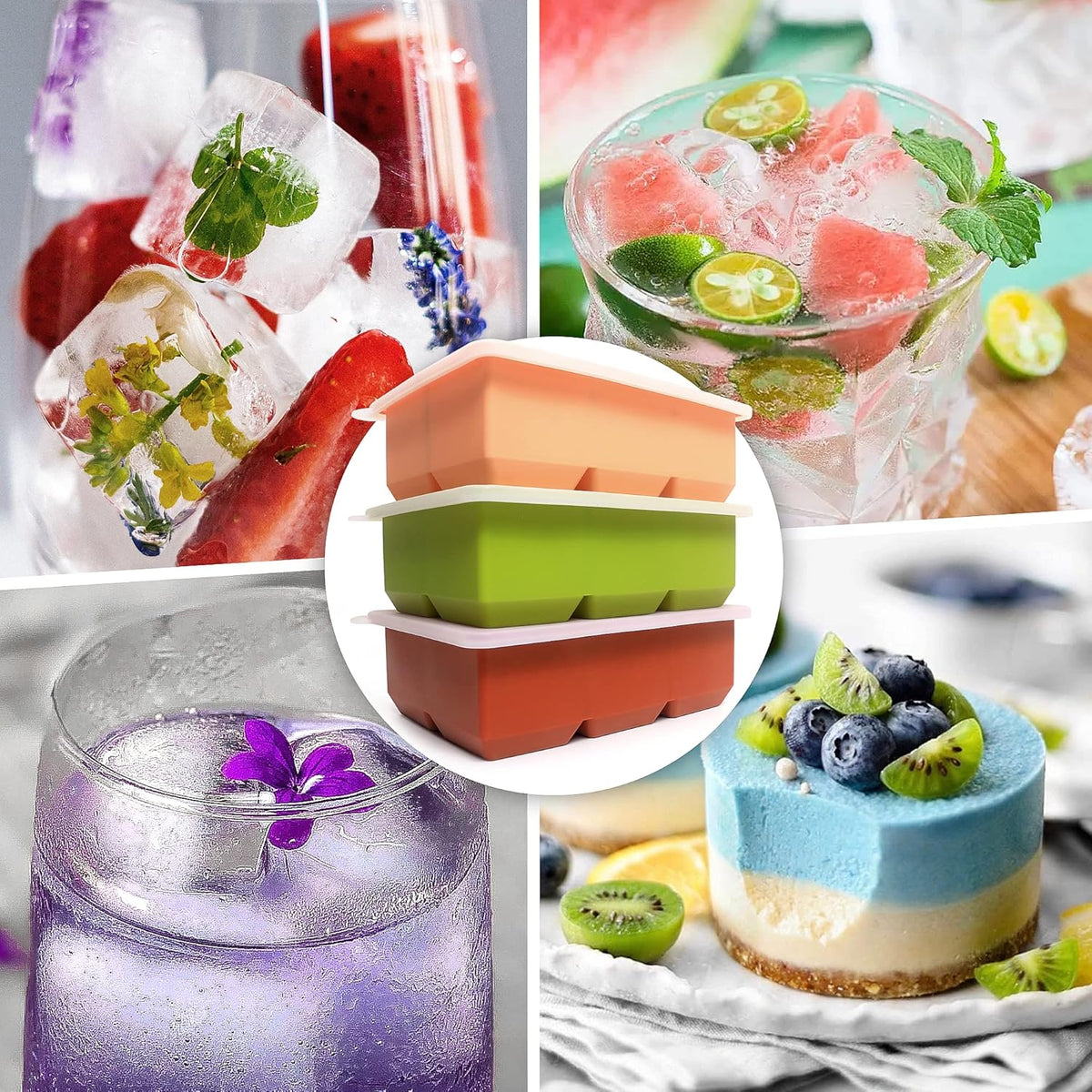 Silicone Ice Cube Trays 3 Pack - Large Size Silicone Ice Cube Molds with Leak Proof Removable Lid