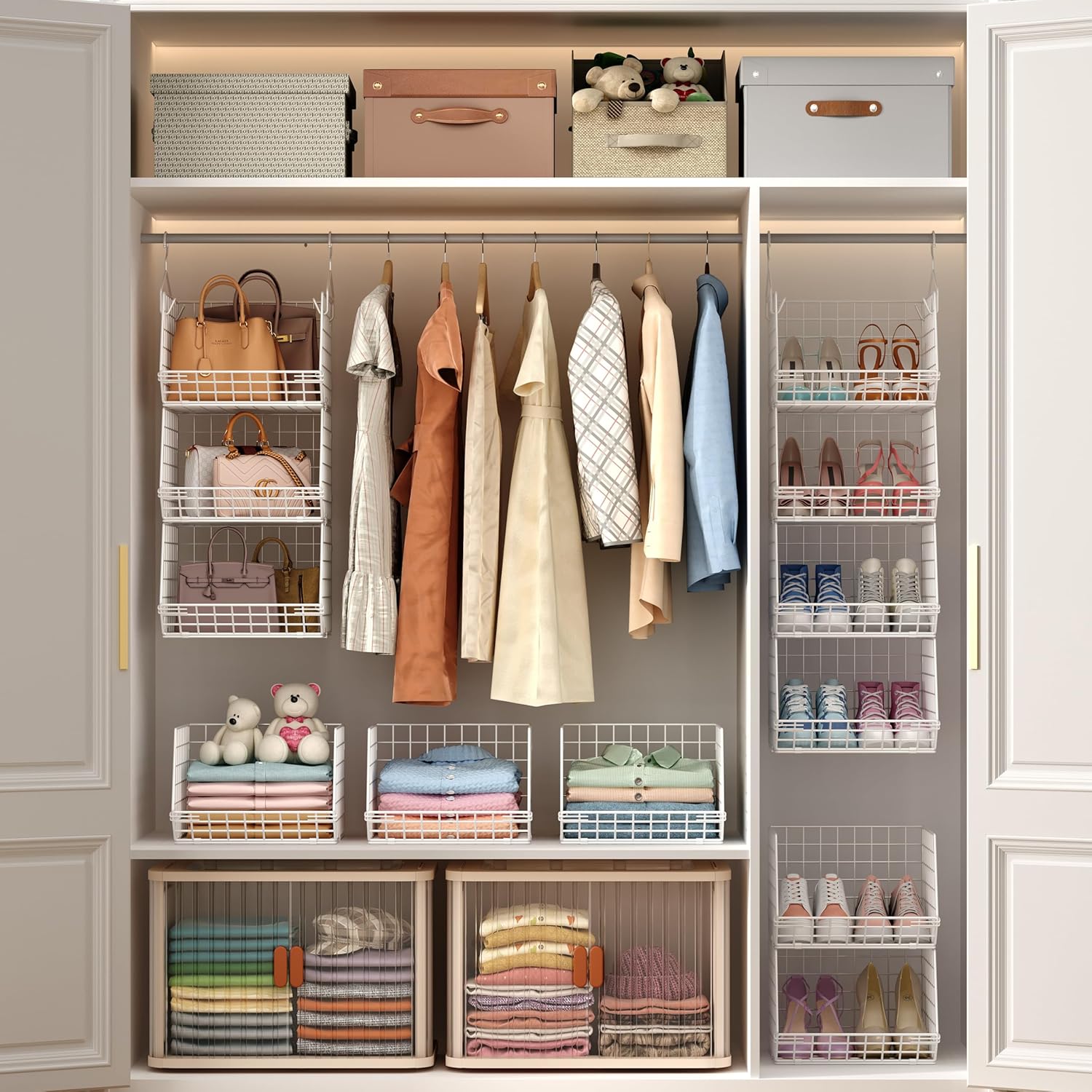 X-cosrack 4 Tier Closet Hanging Organizer, Foldable Closet Shelving with 2 Hanging Hooks 5 S Hooks