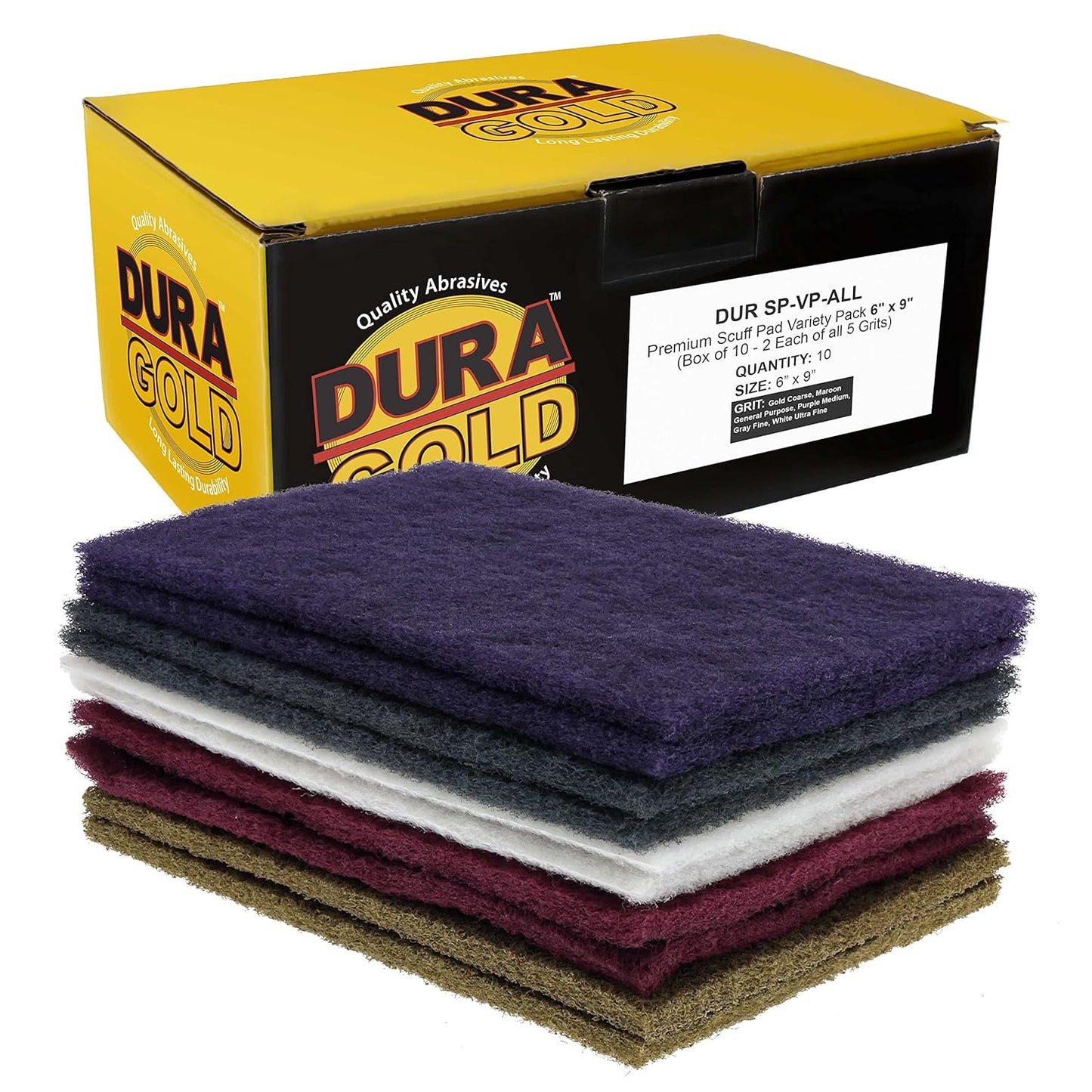 Dura-Gold Premium 6" x 9" 10 Scuff Pad Variety Pack, 2 Each Maroon, Gray, Gold, Purple and White