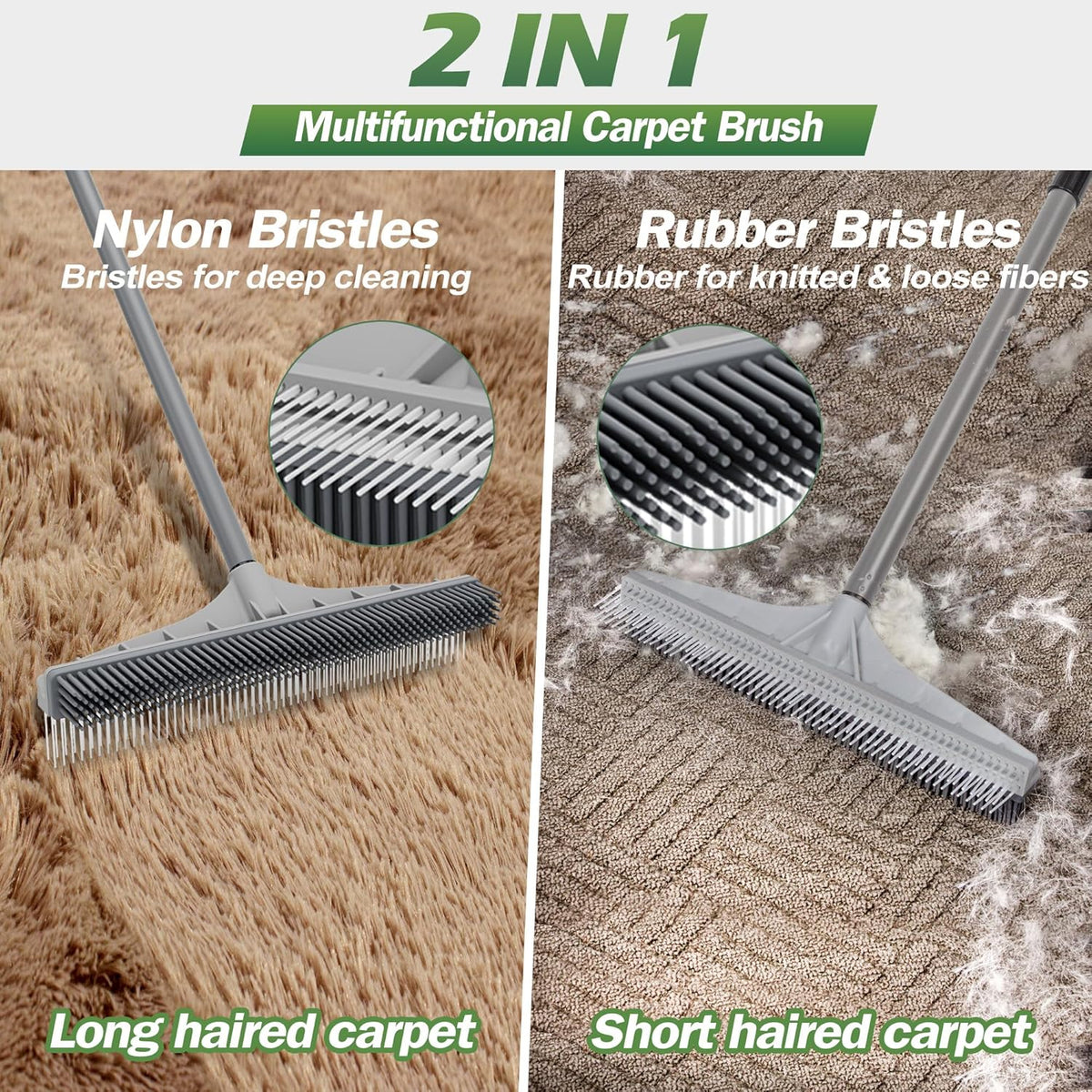 Walensee Carpet Rake for Pet Hair Removal, 61" Carpet Hair Cleaning Tool with Adjustable Long