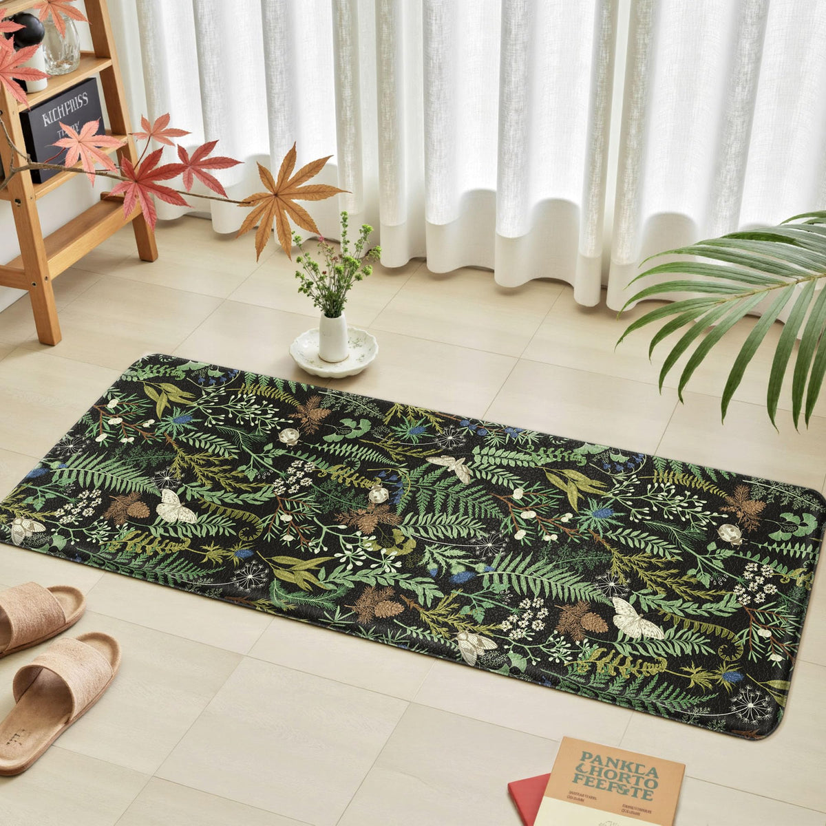 2 PCS Botanical Kitchen Rugs Set, Black Green, 17.3"x28" + 17.3"x47"