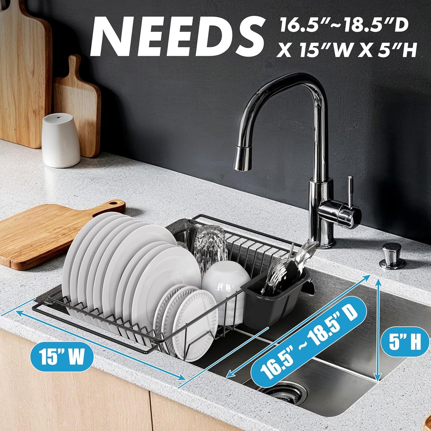 SIMPLE HOUSEWARE Large Over Sink Counter Top Stainless Steel Dish Drainer Drying Rack with Utensil