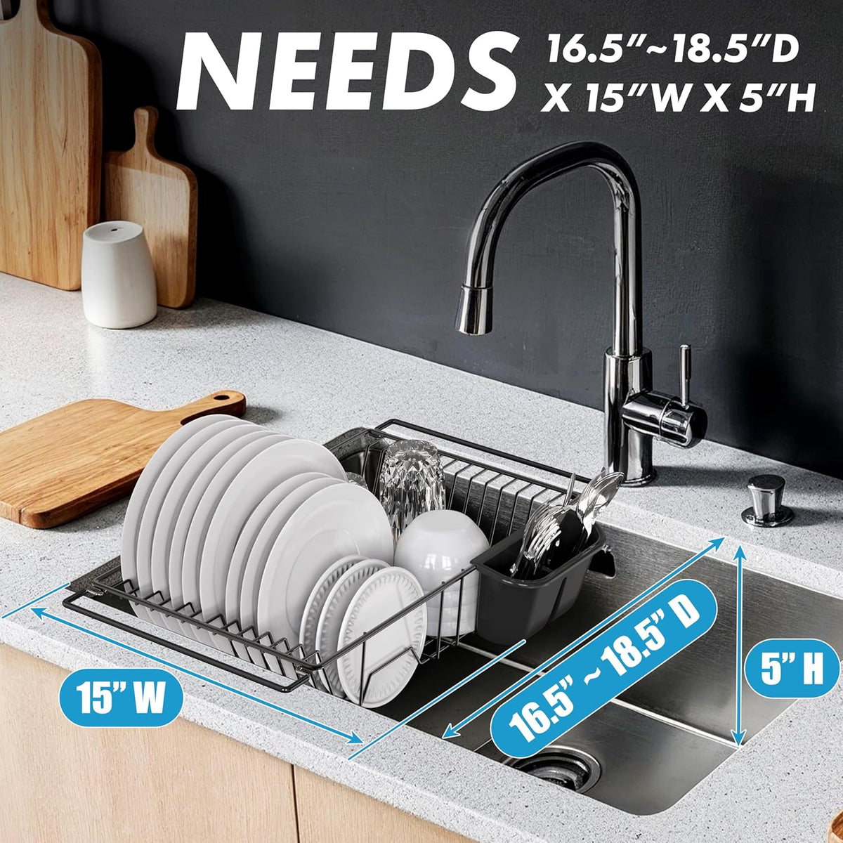 SIMPLE HOUSEWARE Large Over Sink Counter Top Stainless Steel Dish Drainer Drying Rack with Utensil