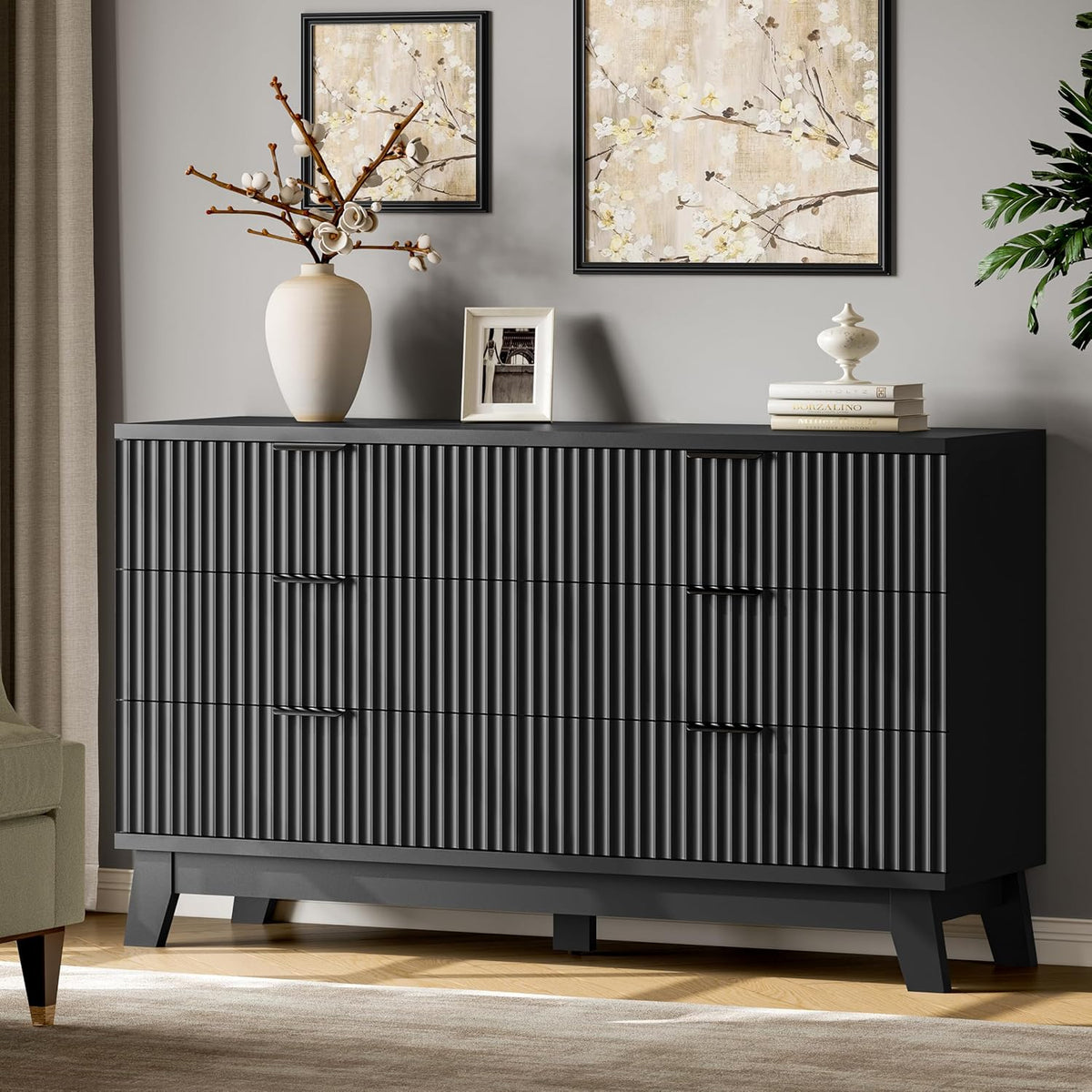 Fluted Dresser with 6 Drawers, 54" Wide Modern Chest of Drawers with Metal Handle, Wooden Dresser