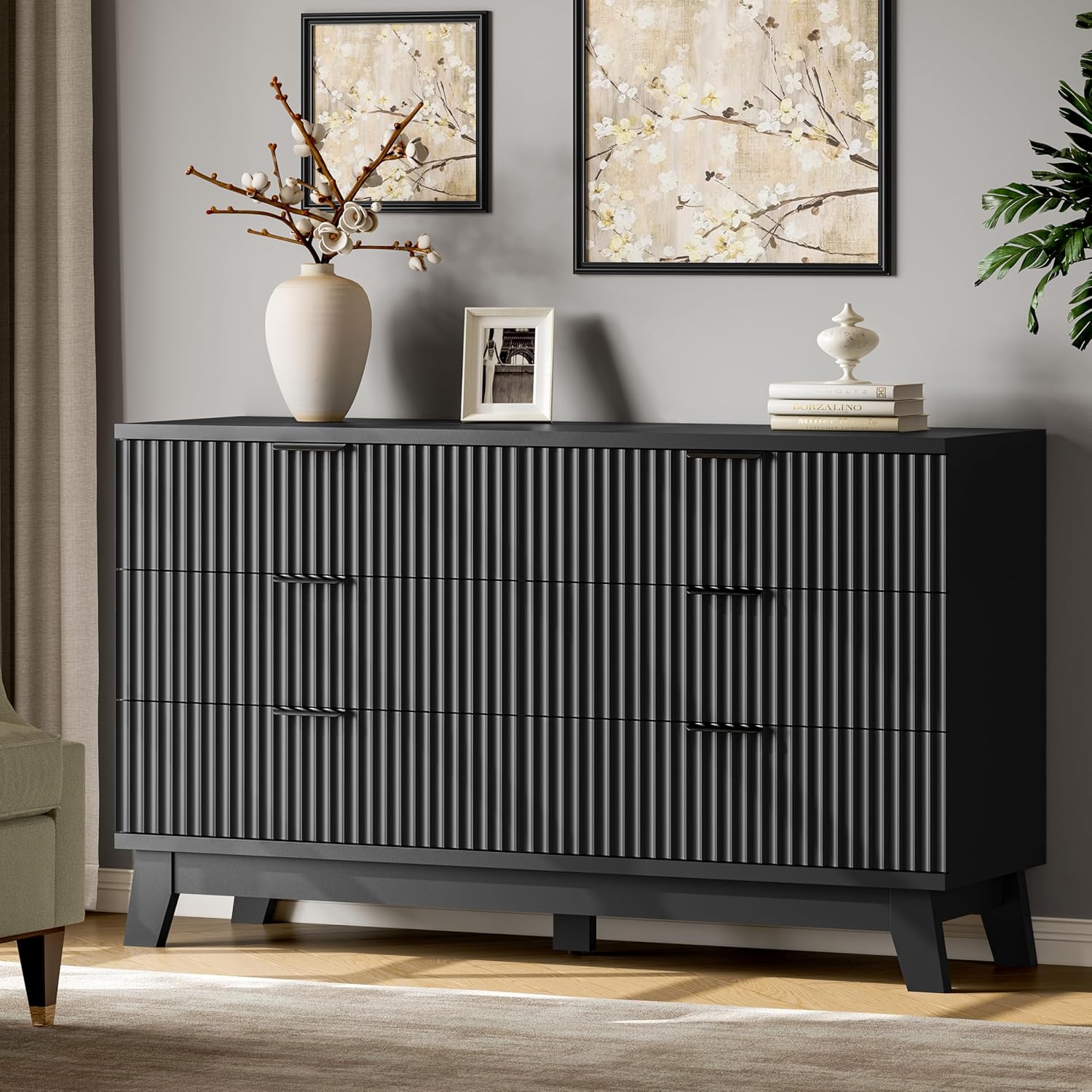 Fluted Dresser with 6 Drawers, 54" Wide Modern Chest of Drawers with Metal Handle, Wooden Dresser