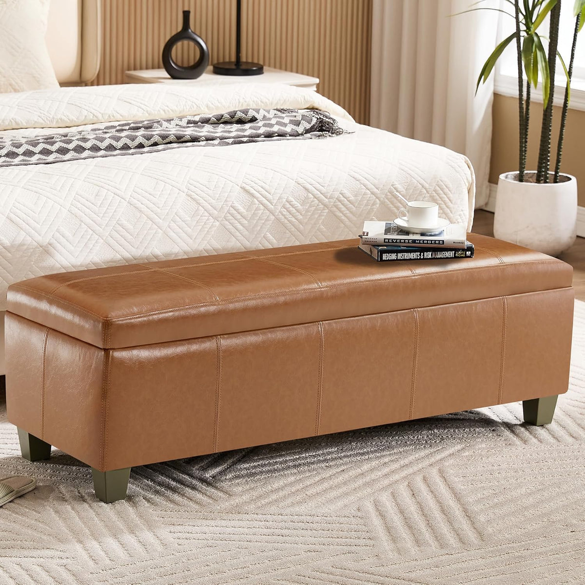 51" Faux Leather Storage Ottoman, Stitch Tufted Rectangle Upholstered End of Bed Storage Bench