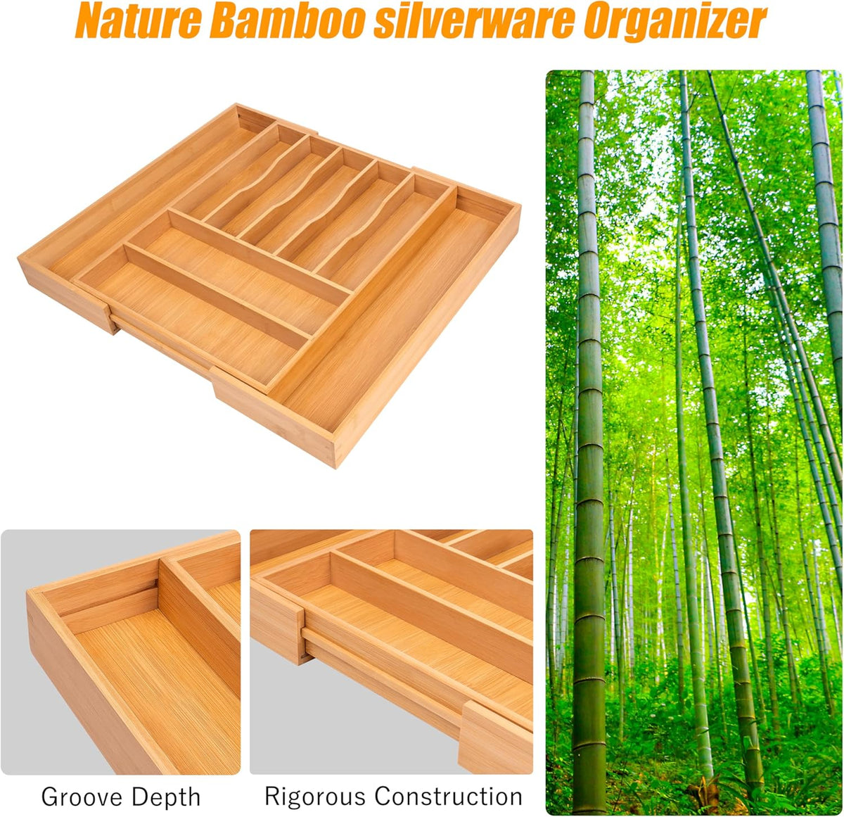 Bellsal Large Premium Bamboo Silverware Organizer - Expandable Utensil Drawer Organizer - 17"x19.6"