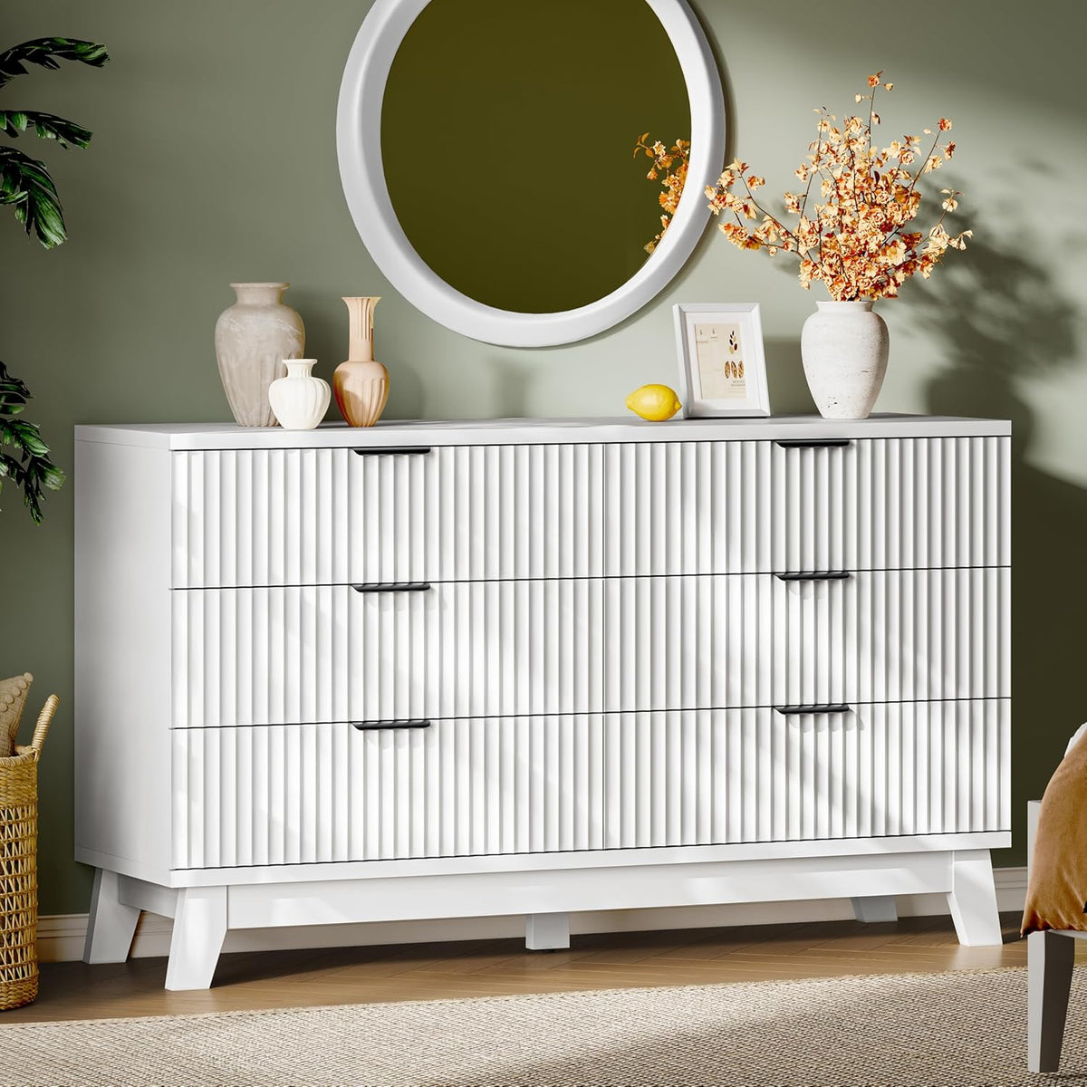 Fluted Dresser with 6 Drawers, 54" Wide Modern Chest of Drawers with Metal Handle, Wooden Dresser