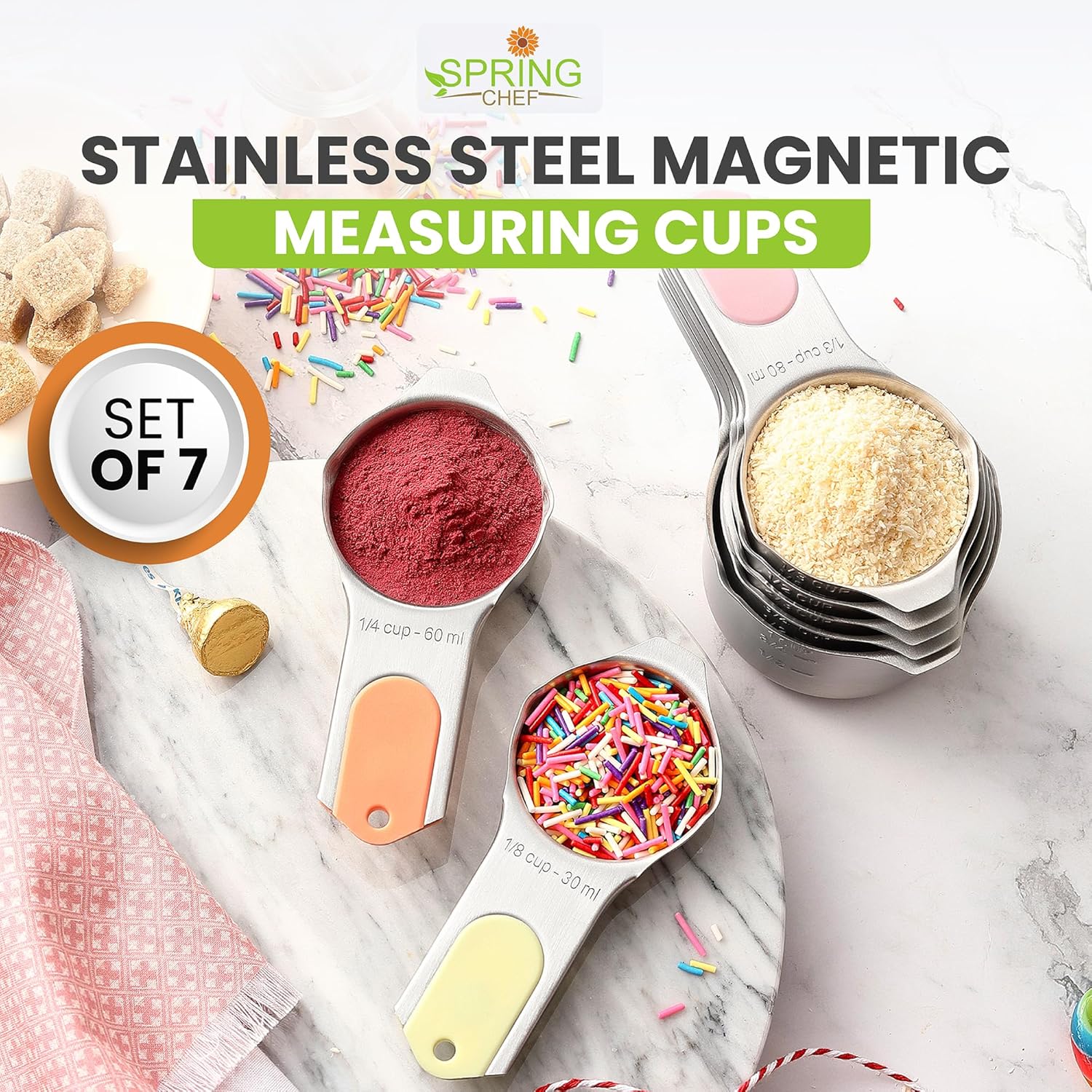 Spring Chef Magnetic Stainless Steel Measuring Cups, Patented, Kitchen Tools with Easy to Read