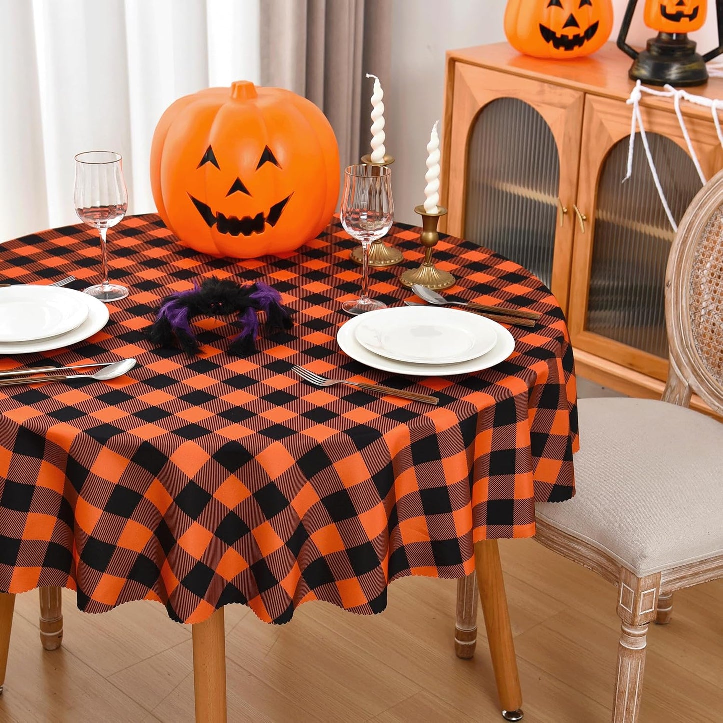 Waterproof Plaid Tablecloth Fabric - Round 58 Inch Classic Gingham Checker Table Cloth for