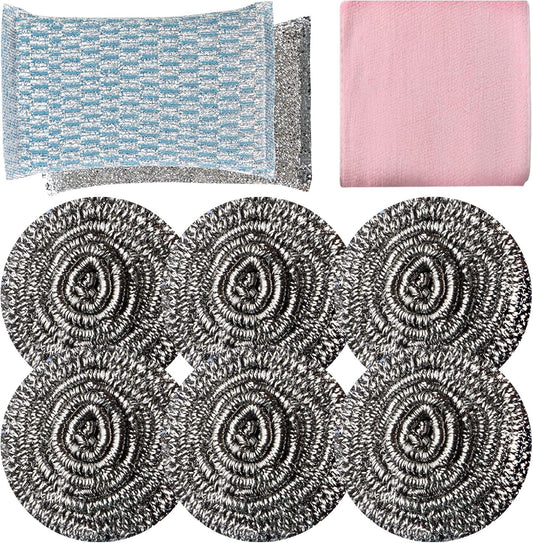 6pcs Stainless Steel Scrubber 2pcs Heavy Duty Scrub Sponges 1pcs Dish Clean Towel for Kitchens