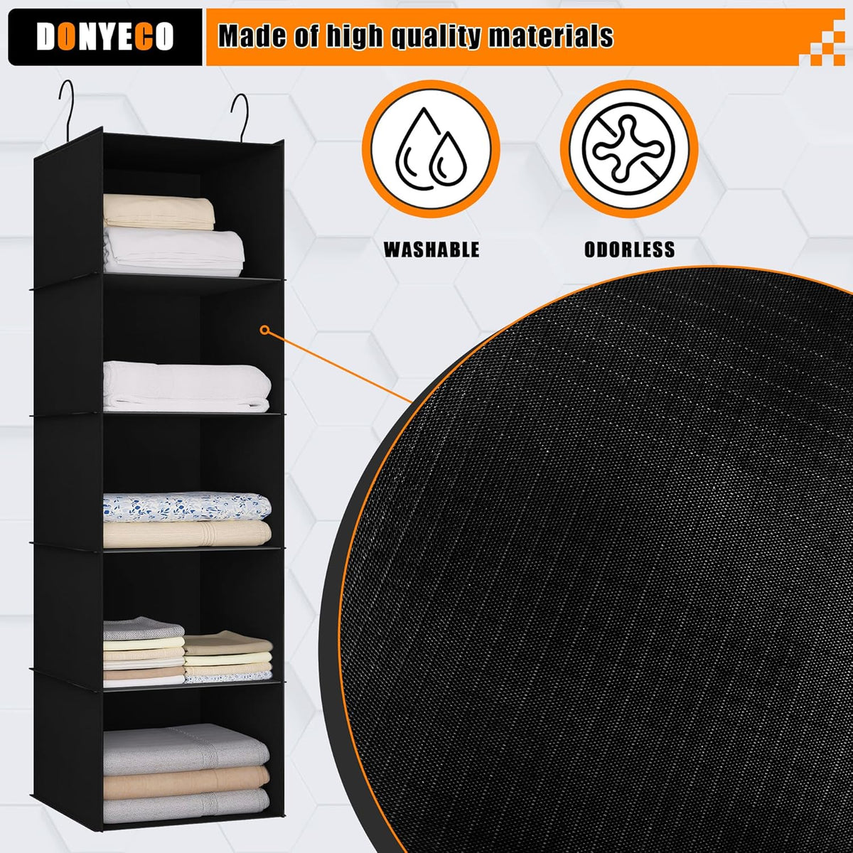 Hanging Closet Organizer and Storage 5-Shelf, Easy Mount Foldable Hanging Closet Wardrobe Shelves