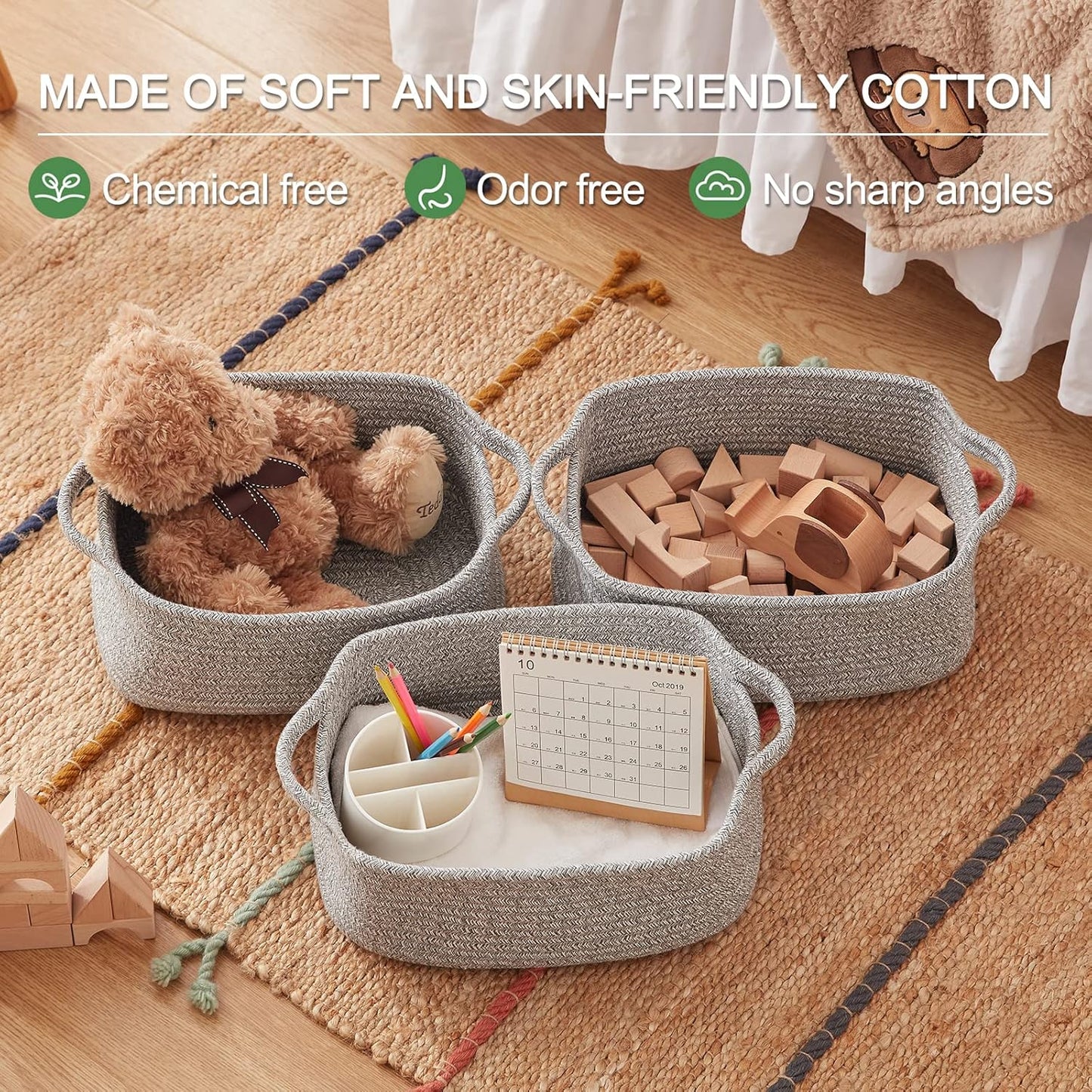 OIAHOMY Cotton Rope Baskets, Woven Baskets for Storage, Nursery Storage Baskets, Rectangle Storage