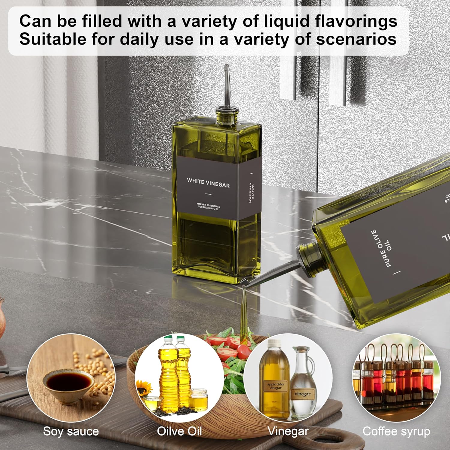 Olive Oil Dispenser for Kitchen, 16.9 oz/ 500 ml Olive Oil Dispenser Bottle, Glass Oil Bottles for