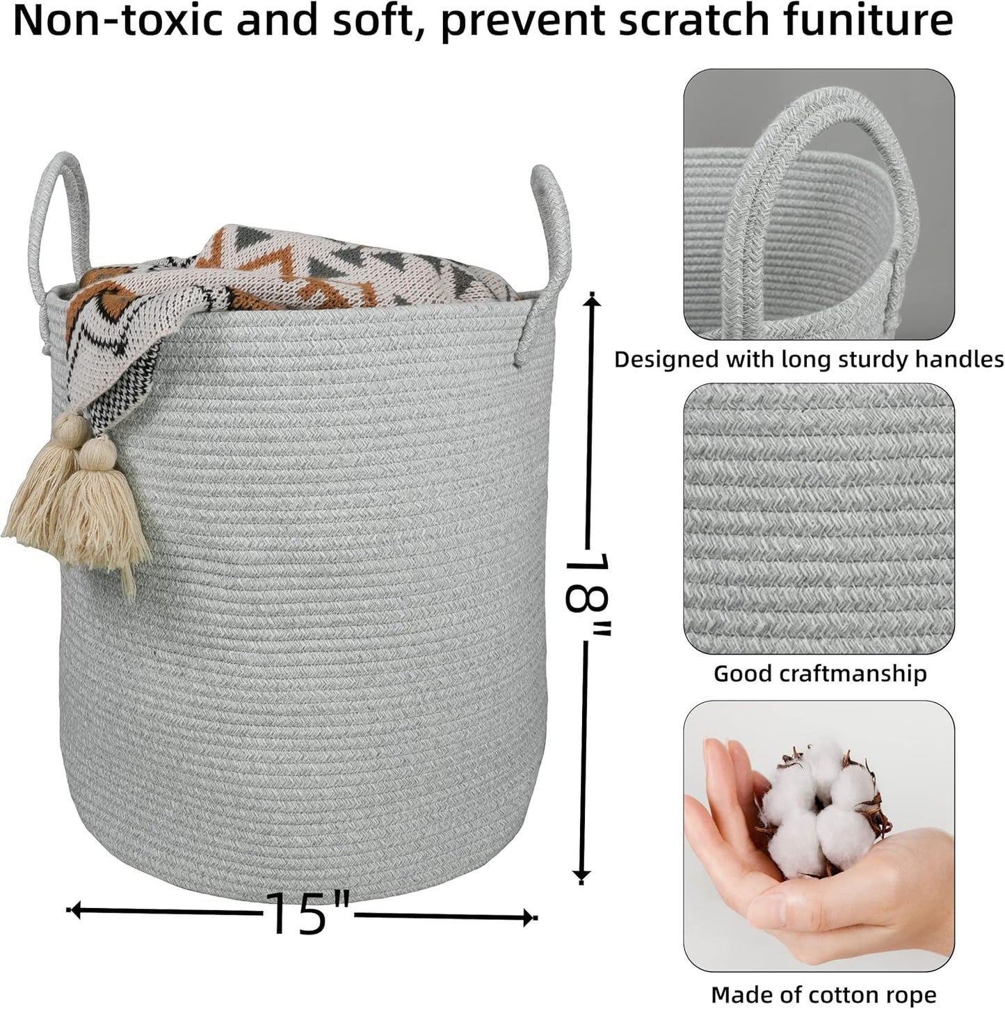 Cotton Rope Laundry Basket Hamper for Clothes Woven Storage Basket for Living Room Bedroom Boho
