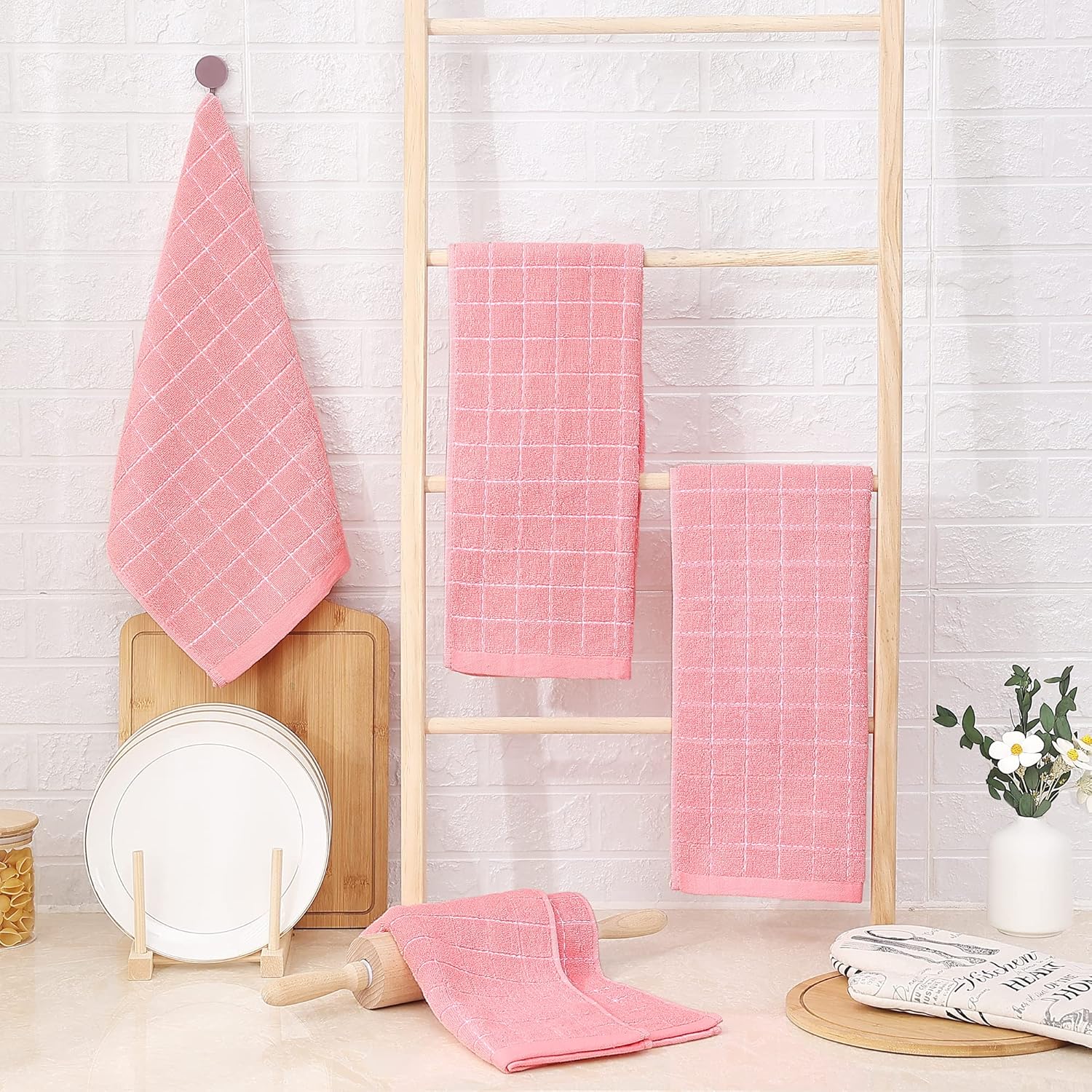 Homaxy 100% Cotton Terry Kitchen Towels(Pink, 13 x 28 inches), Checkered Designed, Soft and Super