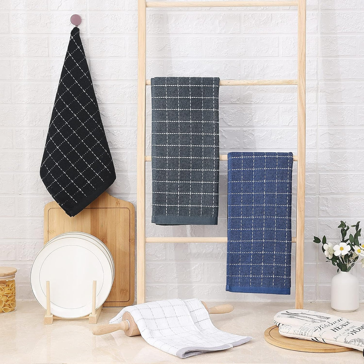 Homaxy 100% Cotton Terry Kitchen Towels(Multiple Color, 13 x 28 inches), Checkered Designed, Soft