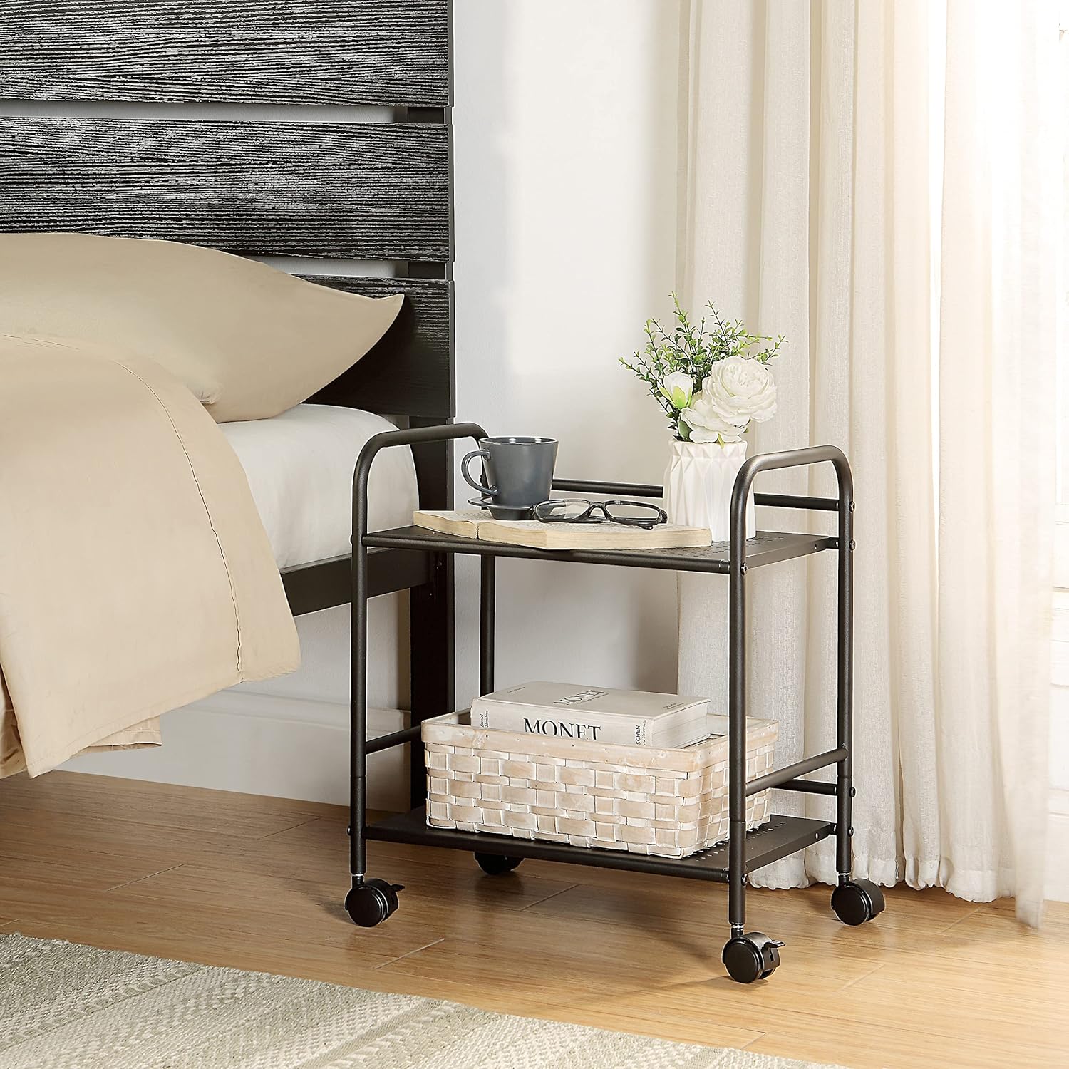 SunnyPoint 2-Tier Metal Rolling Utility Cart – Mobile Storage Shelf with Caster Wheels – Small