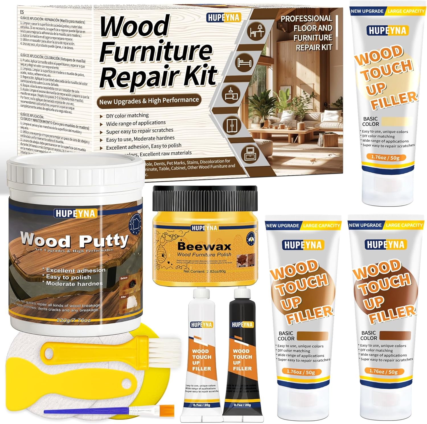 Wood Repair Kit, Wood Furniture Repair Kit, Wood Filler, Wood Putty and Beeswax- Repair Stains