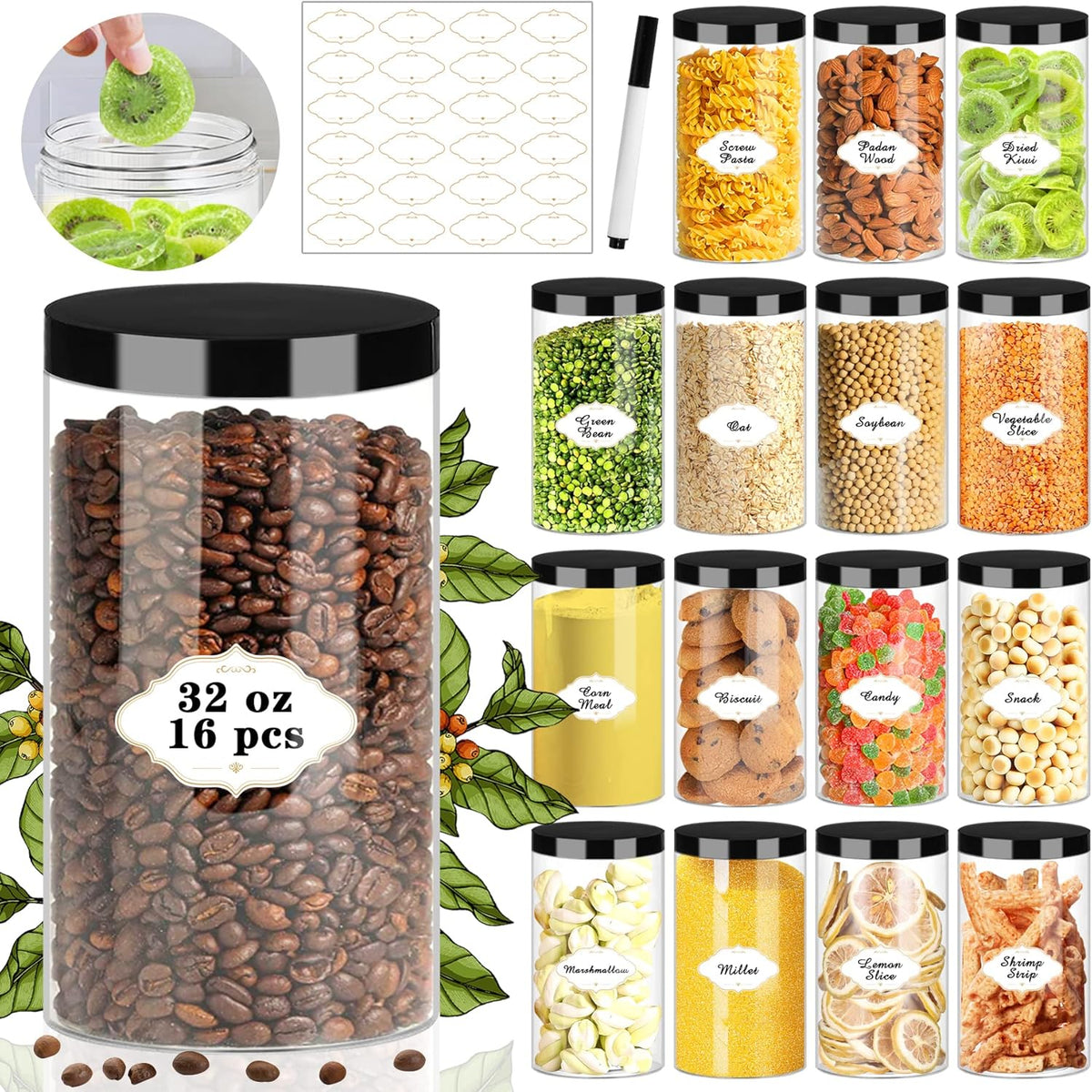 Plastic Jars with Lids, 16 Pcs 32 OZ Large Plastic Storage Jars with Black Leakproof Lids Cylinder