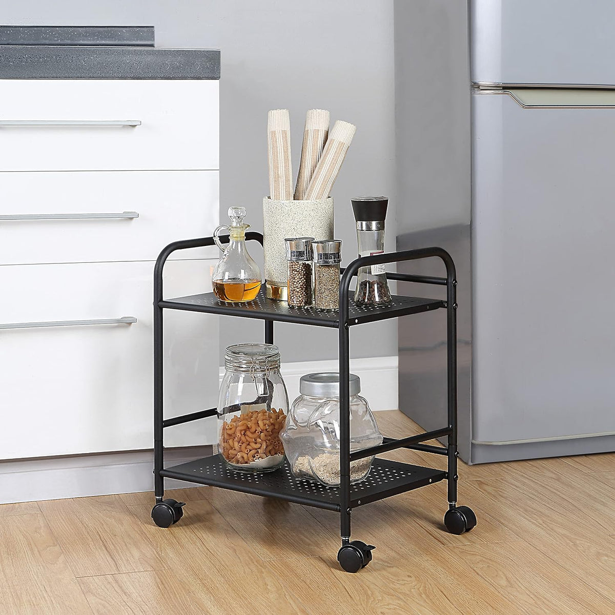 SunnyPoint 2-Tier Metal Rolling Utility Cart – Mobile Storage Shelf with Caster Wheels – Small
