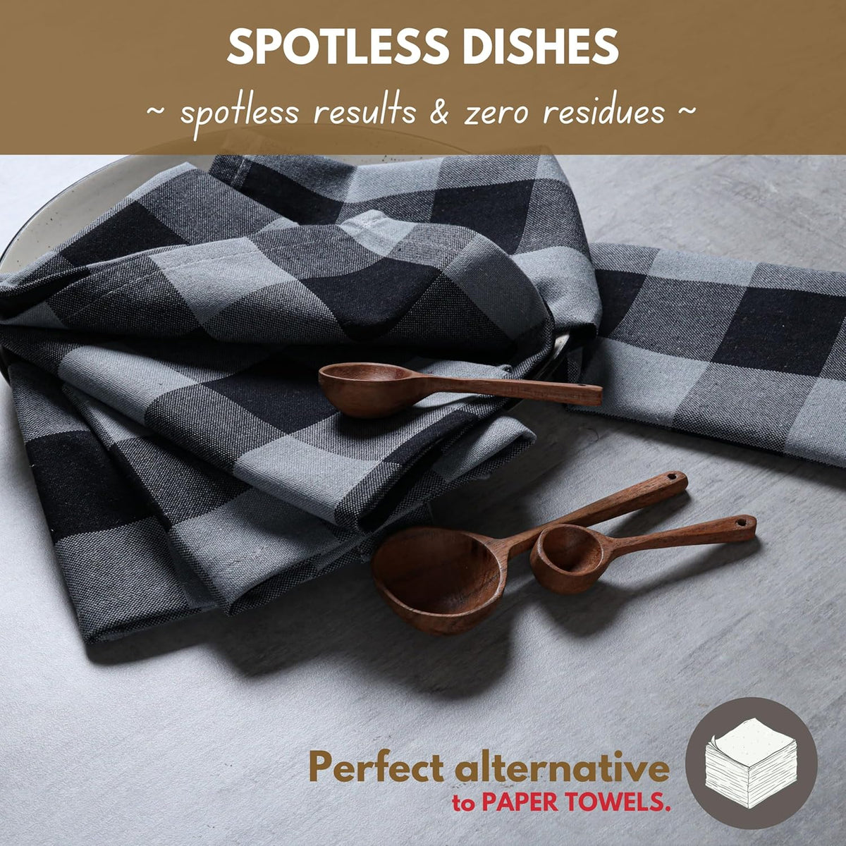 Native Fab 12 Pack Buffalo Check Kitchen Dish Towels, Cotton, Durable, Washable 16"x26" - Tea