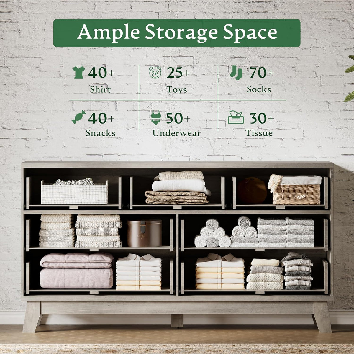 Fluted Dresser with 7 Drawers, 58" Wide Modern Chest of Drawers with Metal Handle, Wooden Dresser