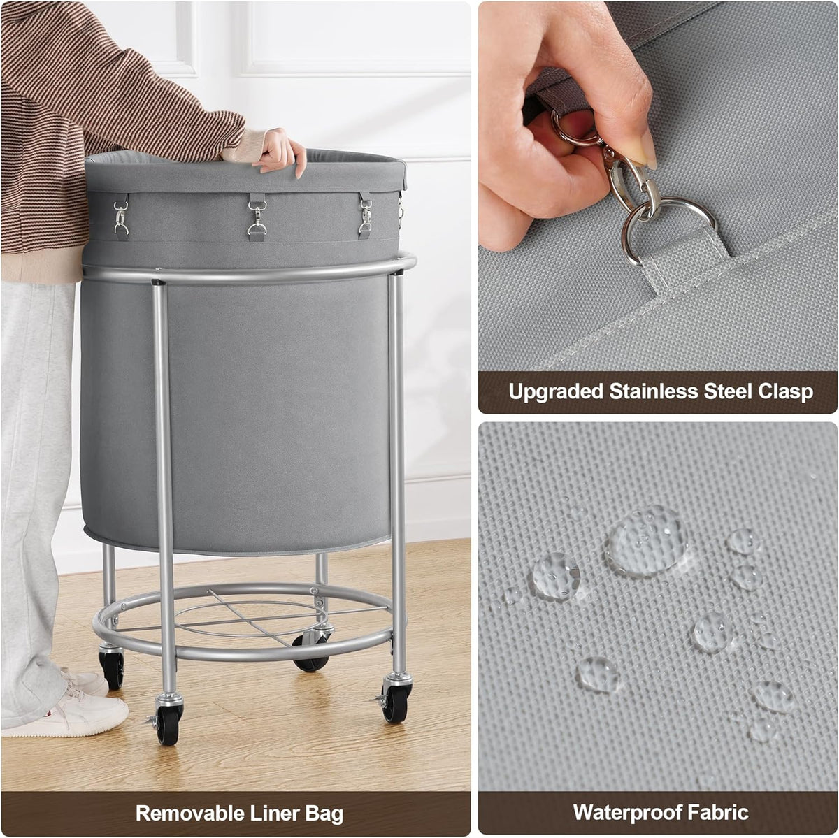 ELYKEN Laundry Basket with Wheels, 45 Gallons Rolling Laundry Hamper with Removable Bag and Steel