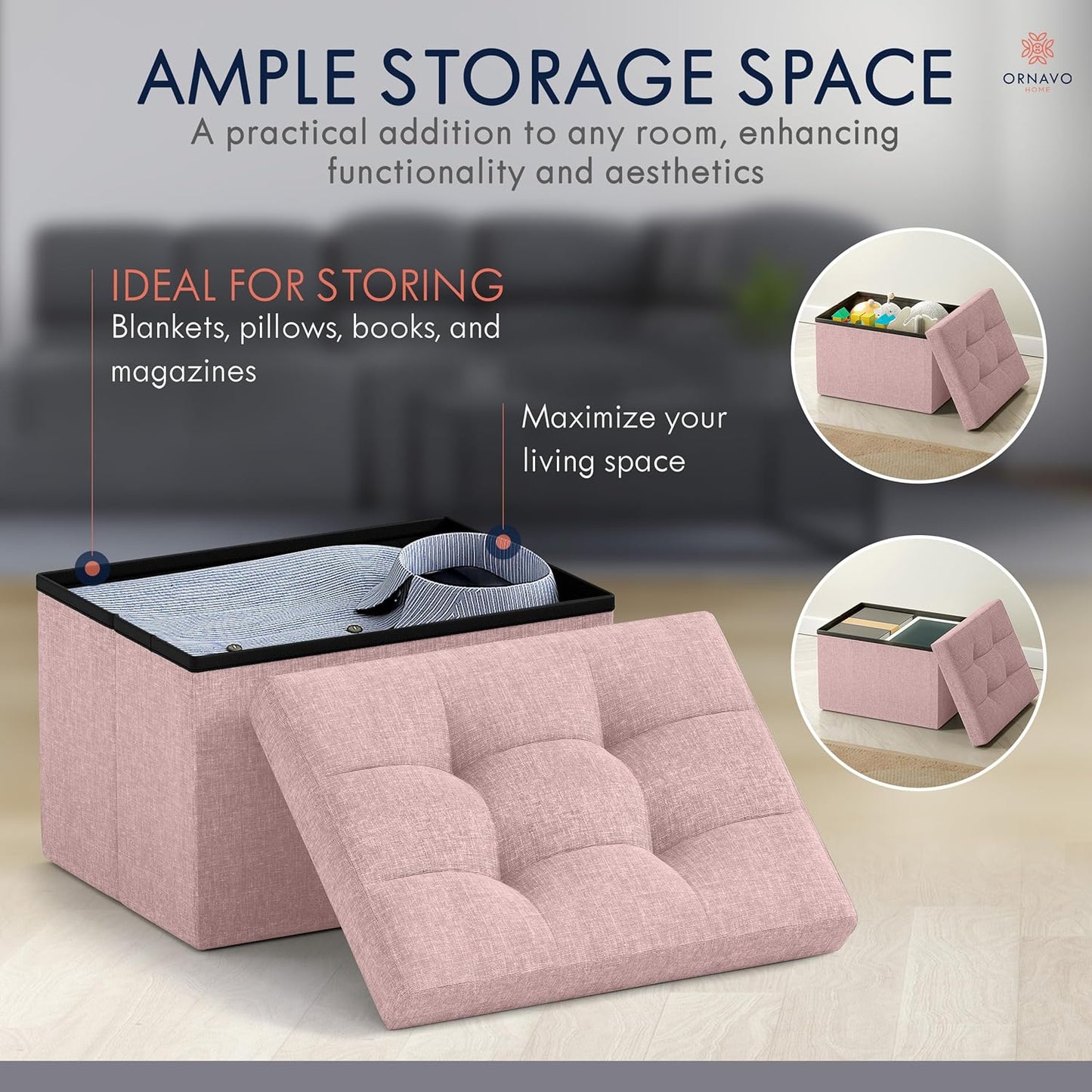 Ornavo Home Small Storage Ottoman Foldable Collapsible Rectangle Linen Ottoman Foot Rest Stool