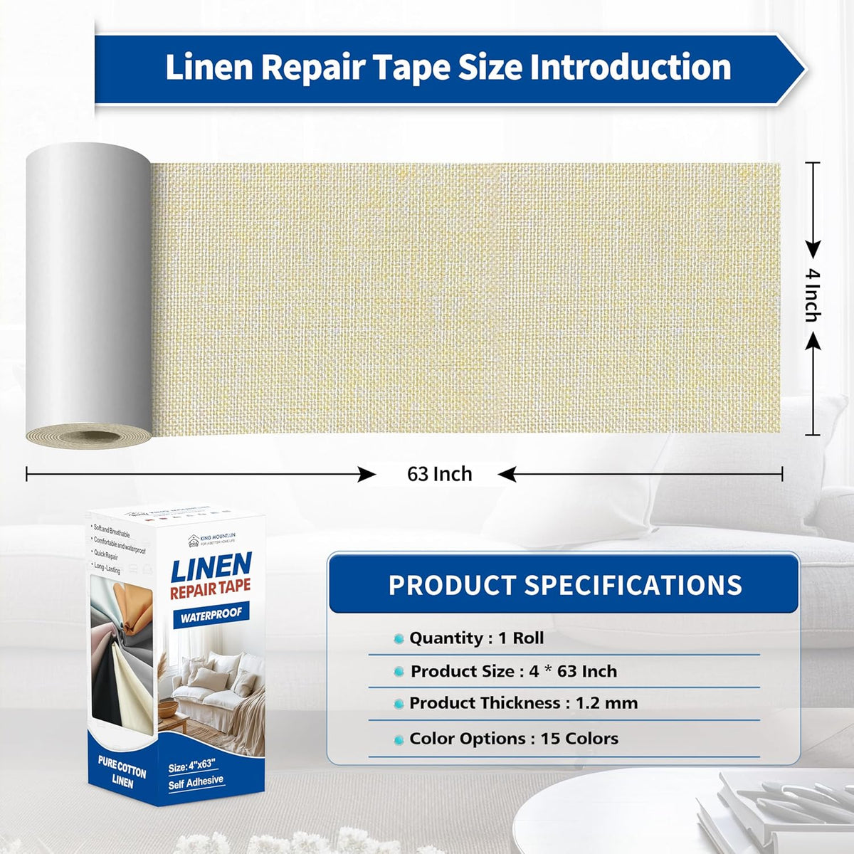 KING MOUNTAIN Linen Repair Patches, Self-Adhesive Fabric Patches, 4 X 63 inch Extra Size, Multi