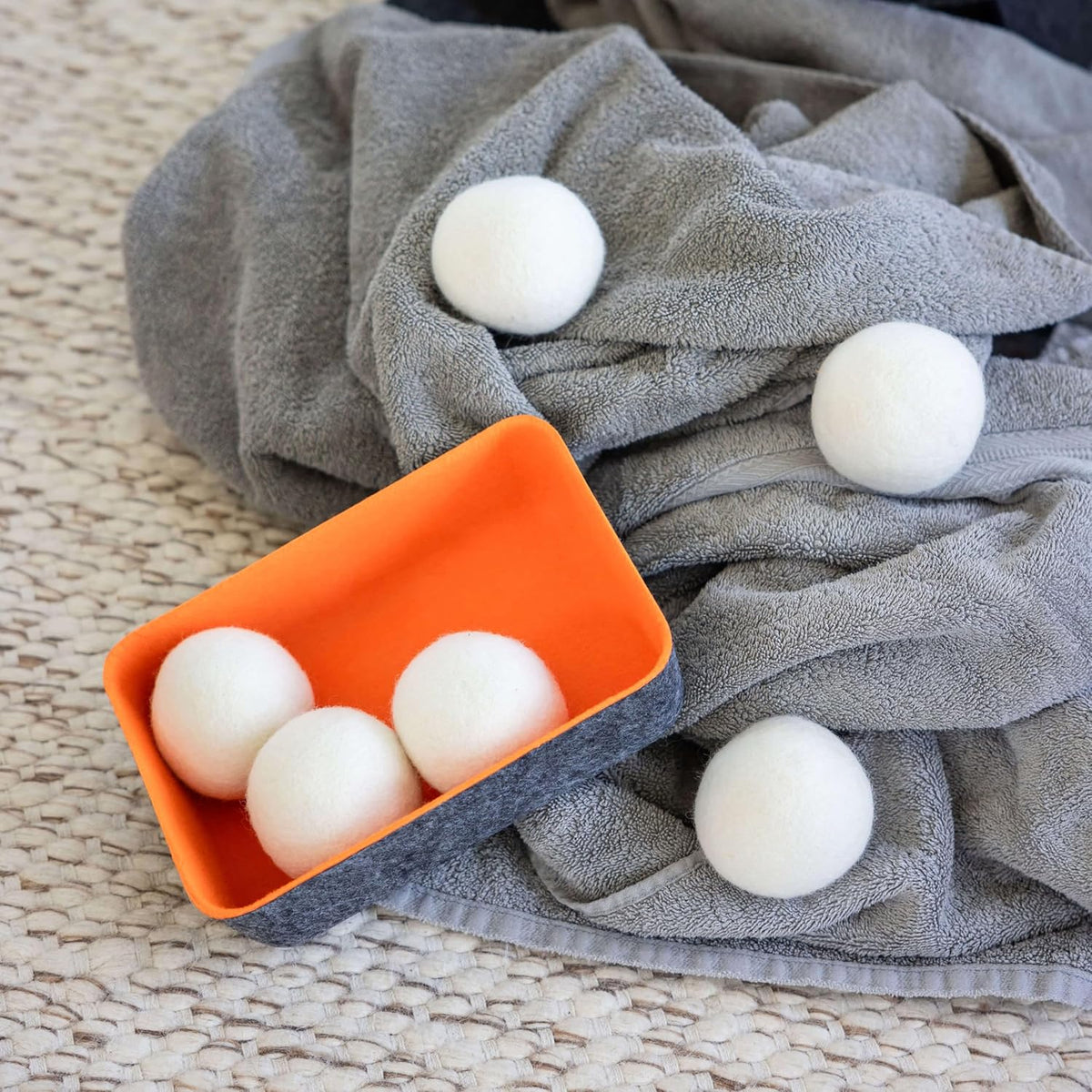 Three by Three Seattle Felt·Like·it!™ Wool Dryer Balls + Storage Bin: Reduce Drying Time, Static