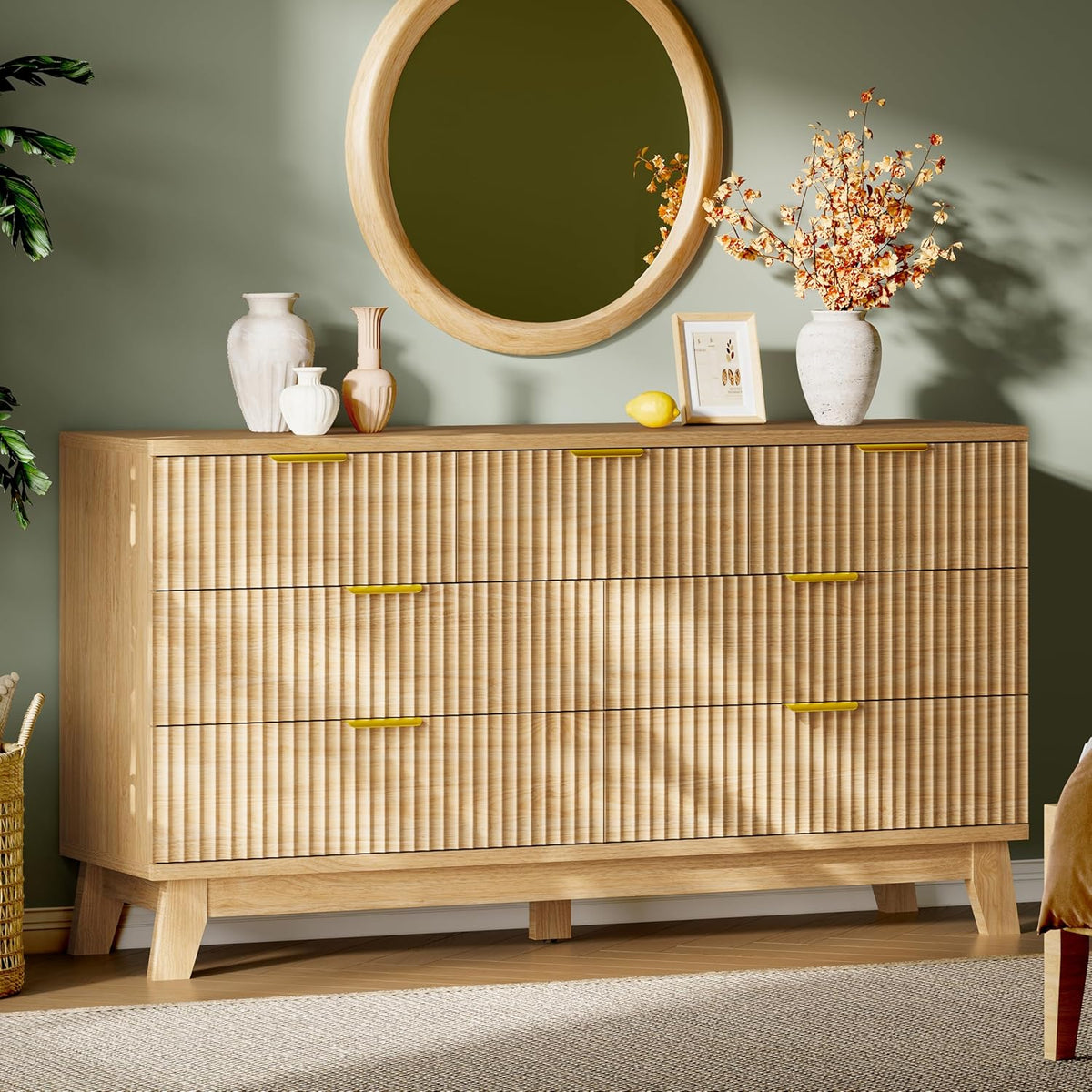 Fluted Dresser with 7 Drawers, 58" Wide Modern Chest of Drawers with Metal Handle, Wooden Dresser