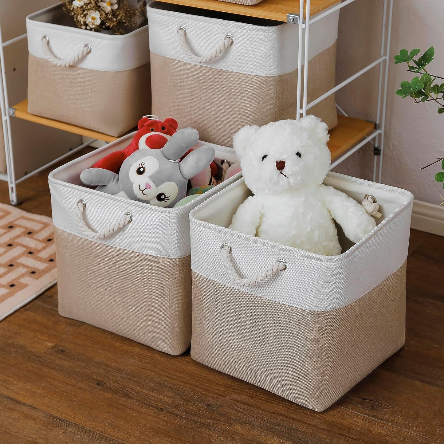 13 x 13 Inch Cube Storage Bins, 4 Pack Large Collapsible Fabric Storage Bin with Ropes, Foldable