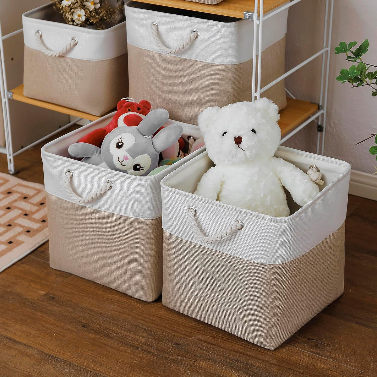 13 x 13 Inch Cube Storage Bins, 4 Pack Large Collapsible Fabric Storage Bin with Ropes, Foldable